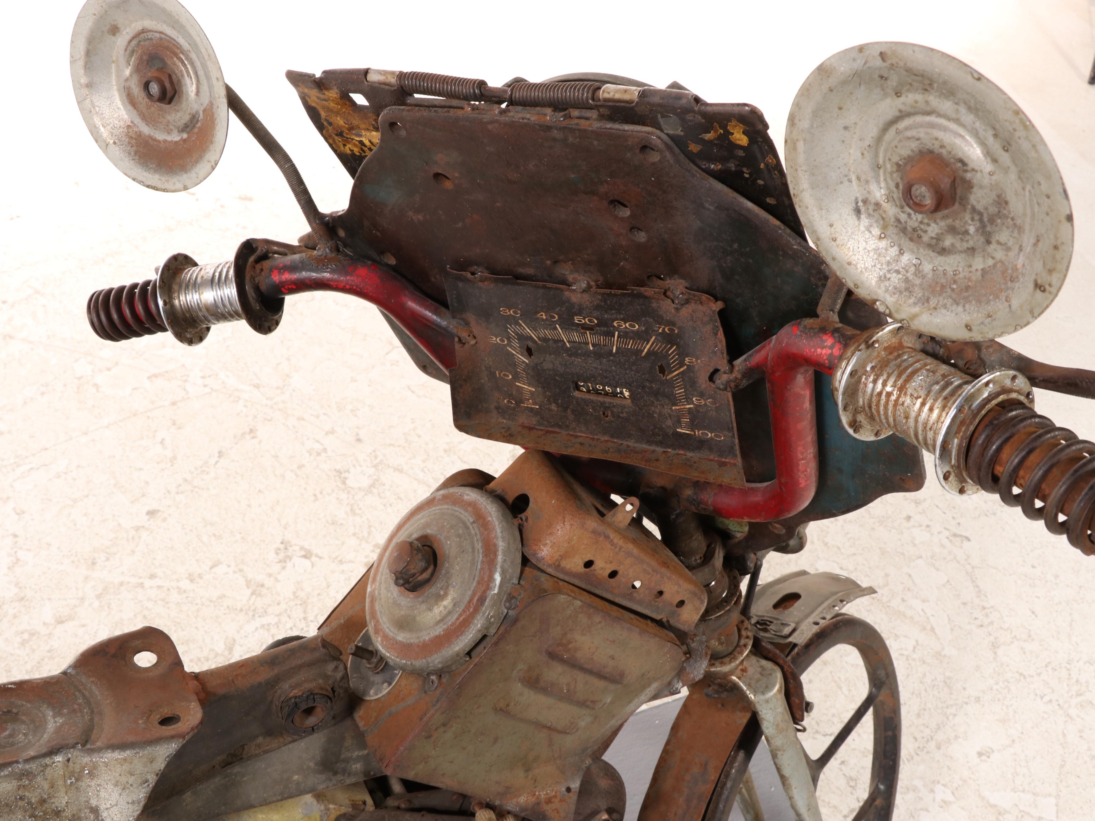 Large-Scale Metal Sculpture of a Steampunk Motorcycle with Conceptual Rendering