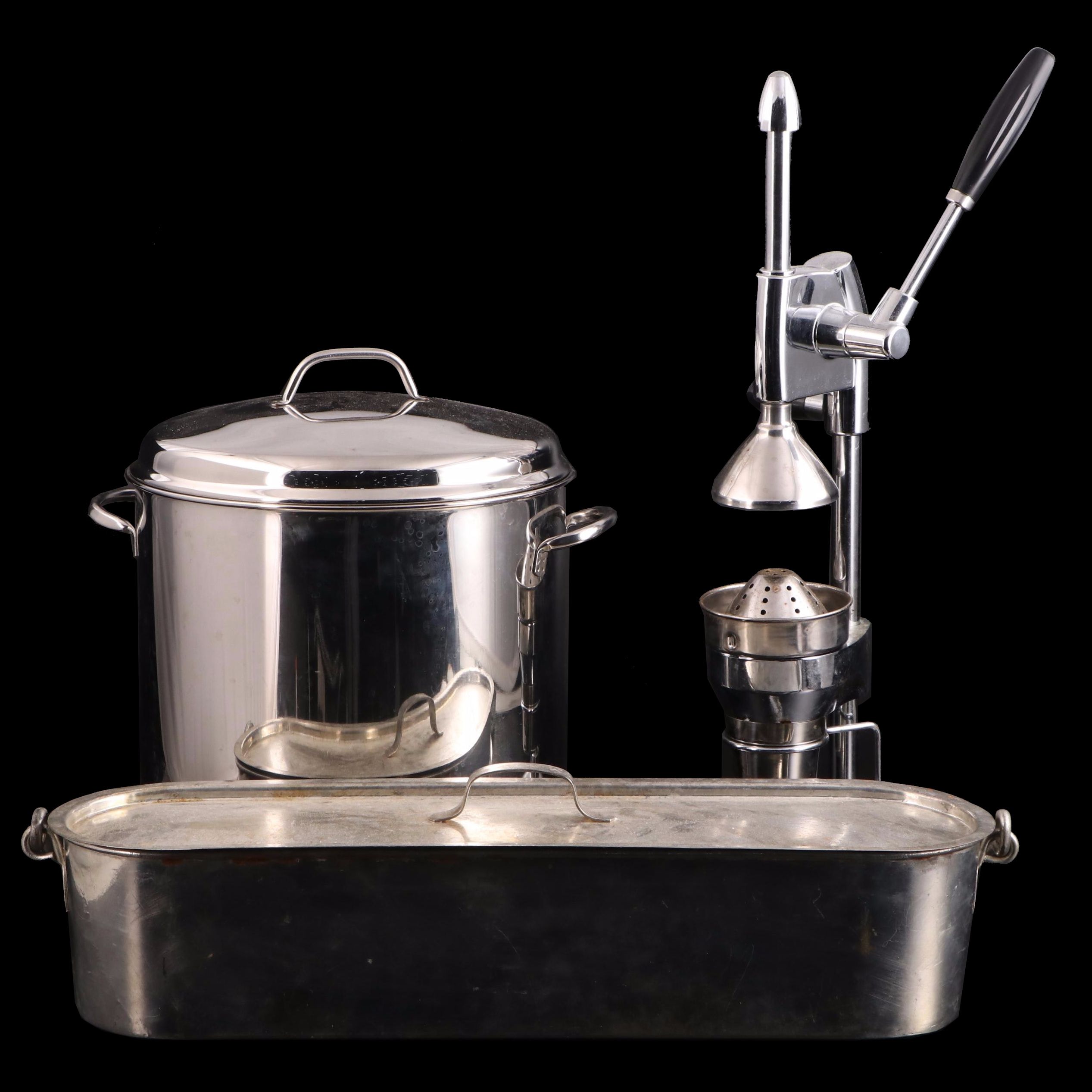 French Fish Poaching Pan, Farberware Stainless Stock Pot and Chrome Juicer