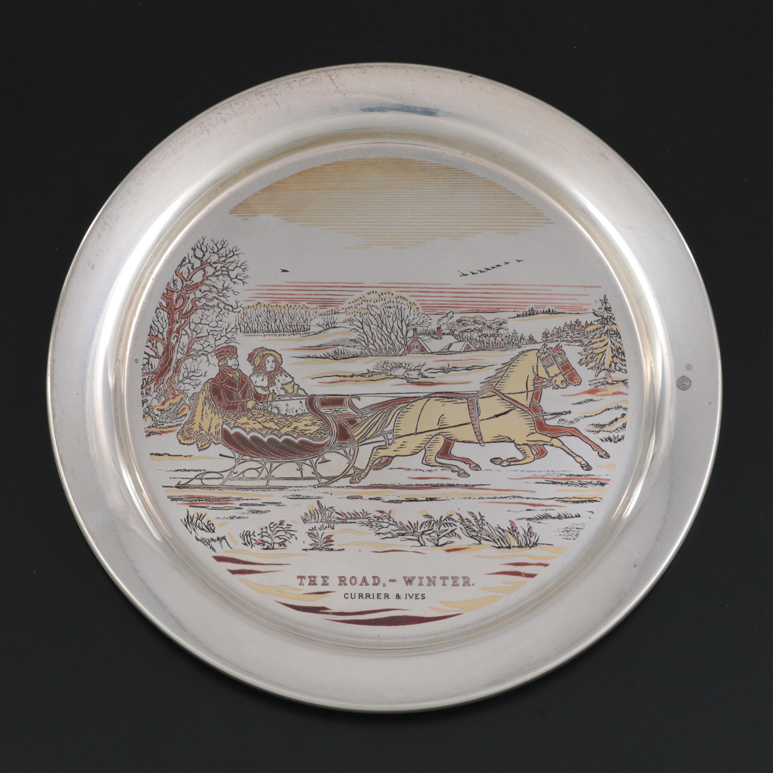 Reed & Barton Currier & Ives Damascene Sterling Silver Collector Plate, 1972