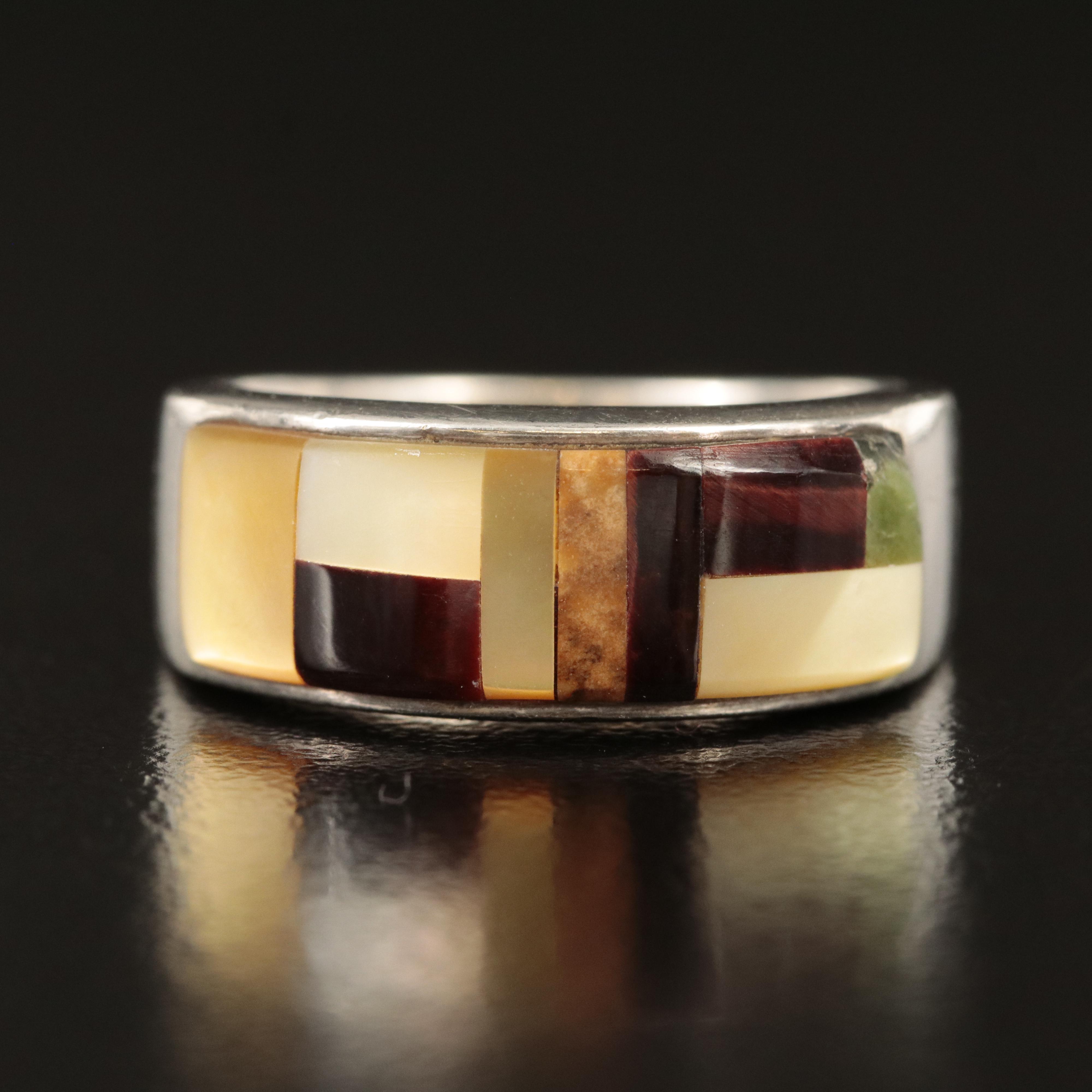 Sterling Mother-of-Pearl, Jasper and Tiger's Eye Inlay Ring