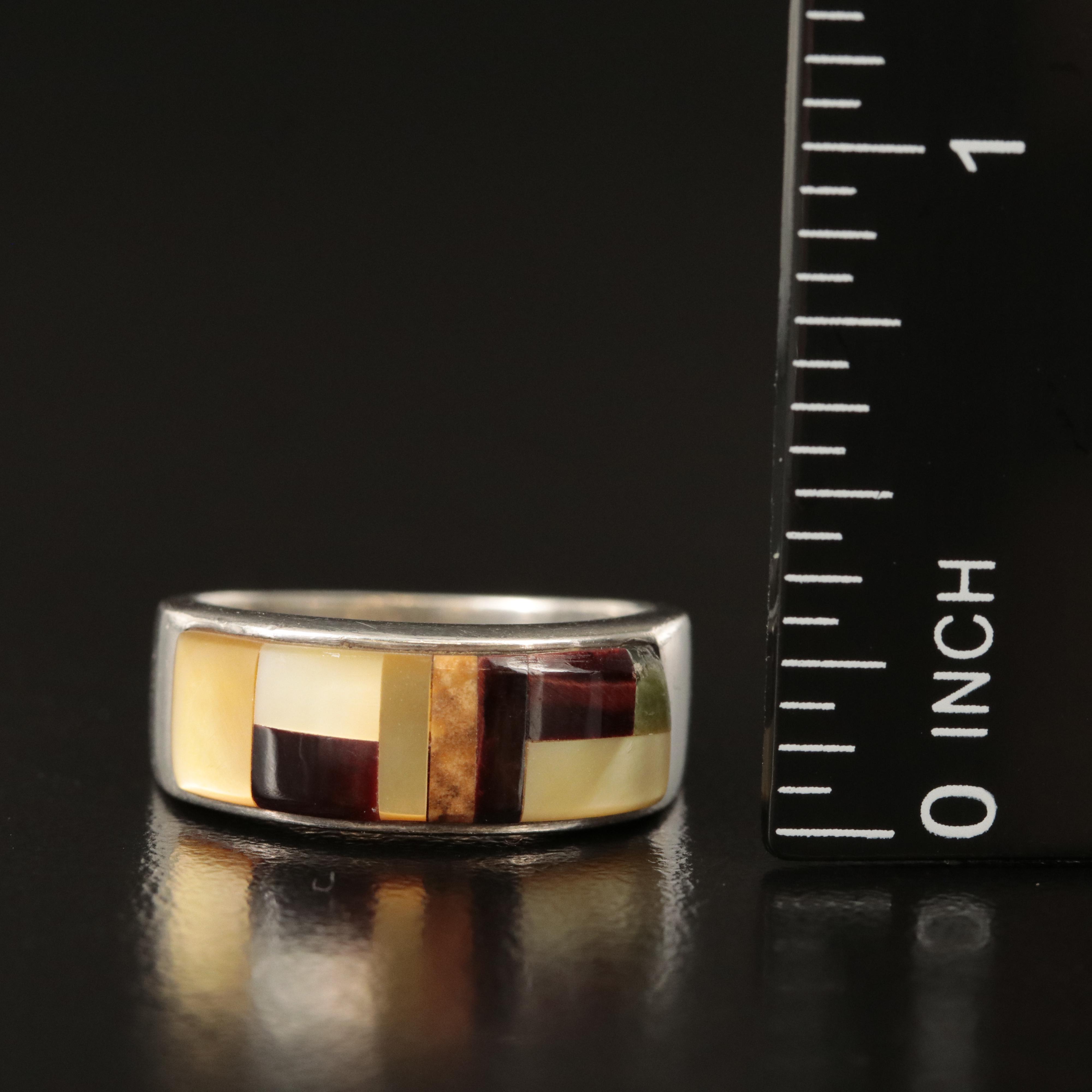 Sterling Mother-of-Pearl, Jasper and Tiger's Eye Inlay Ring
