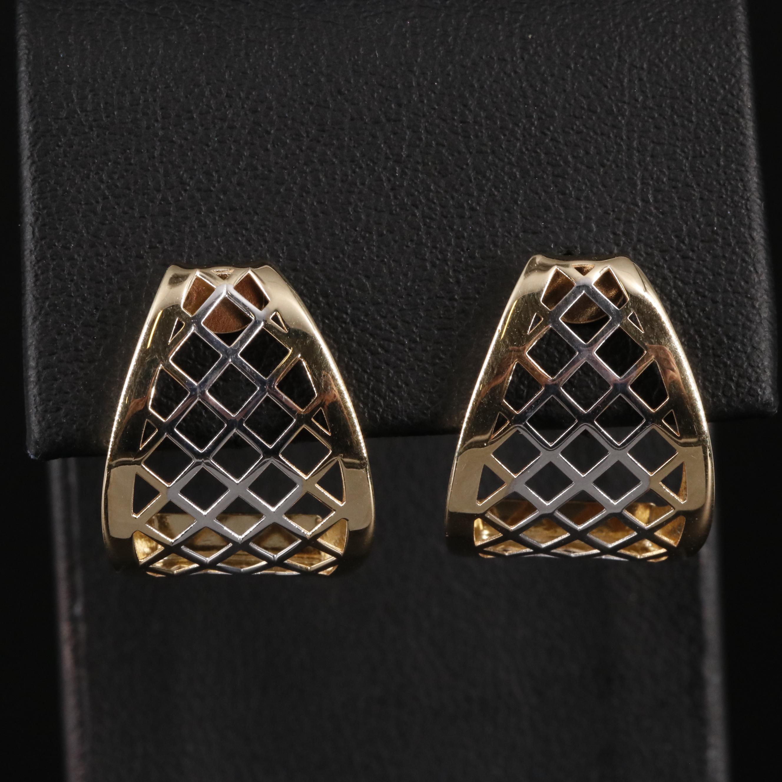 14K Two-Toned Cross-Hatched J-Hoop Earrings