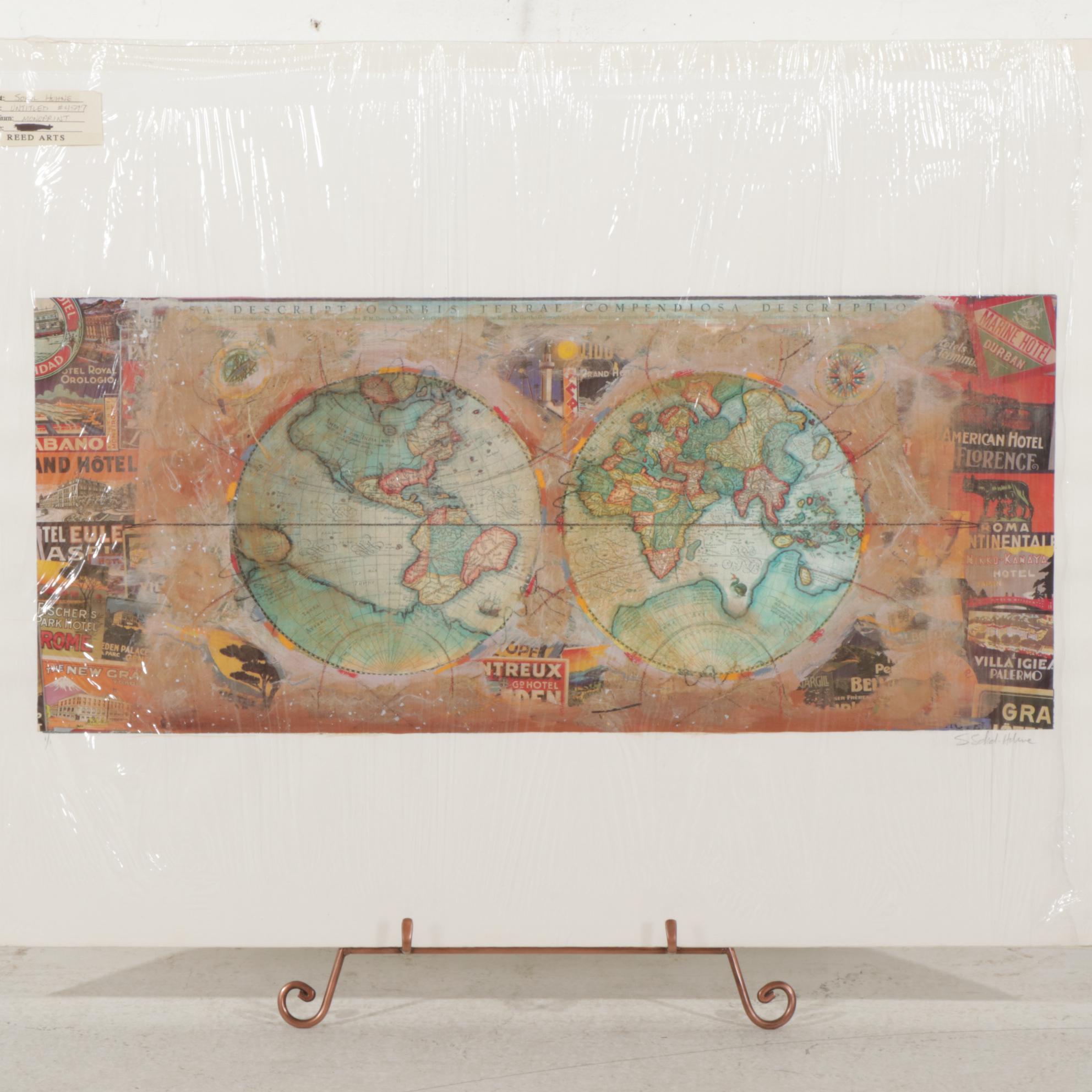 Starlie Sokol-Hohne Mixed Media Monoprint of World Map, Circa 2000