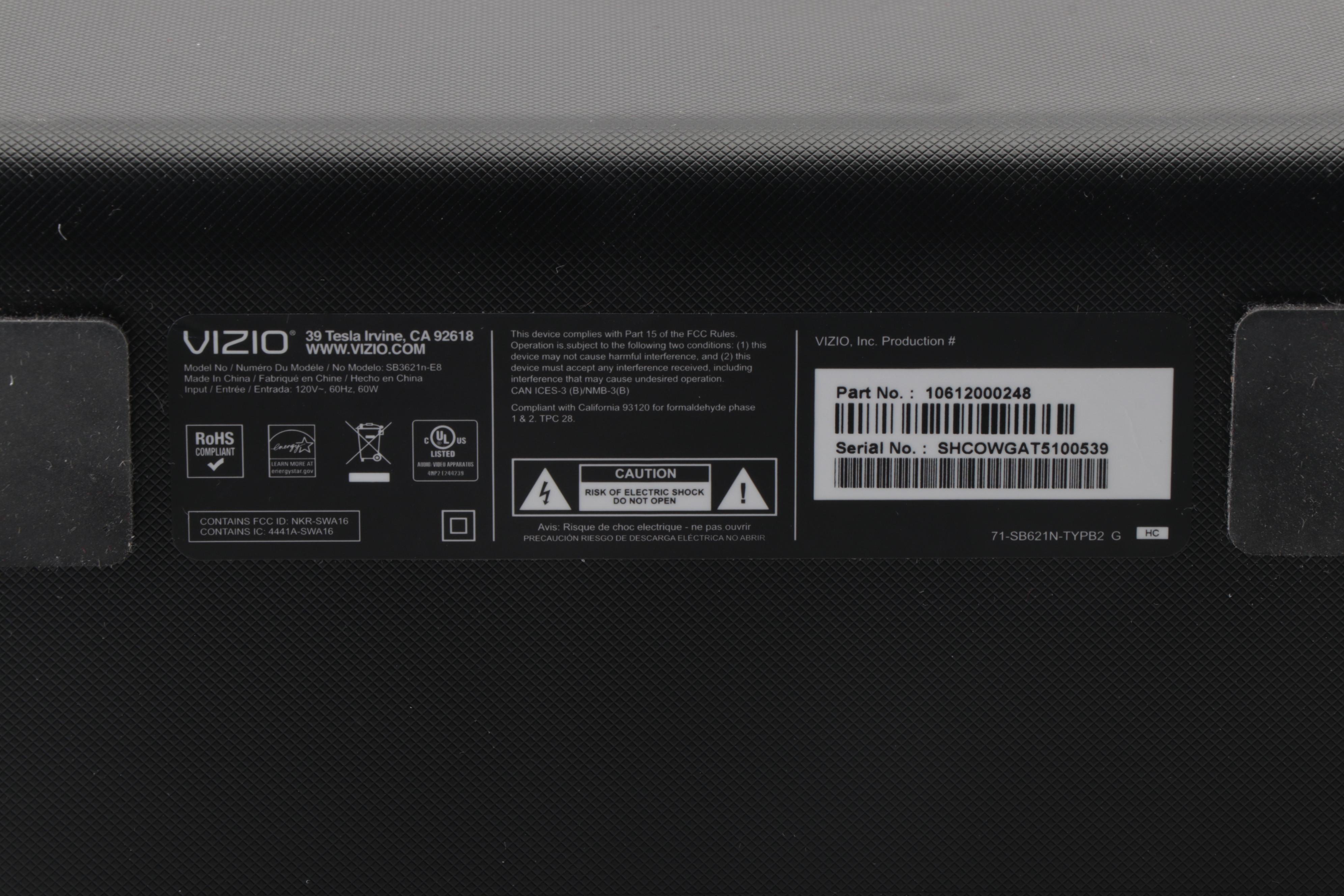 Vizio SB3621nE8 Home Theater Sound Bar with Wireless Subwoofer EBTH