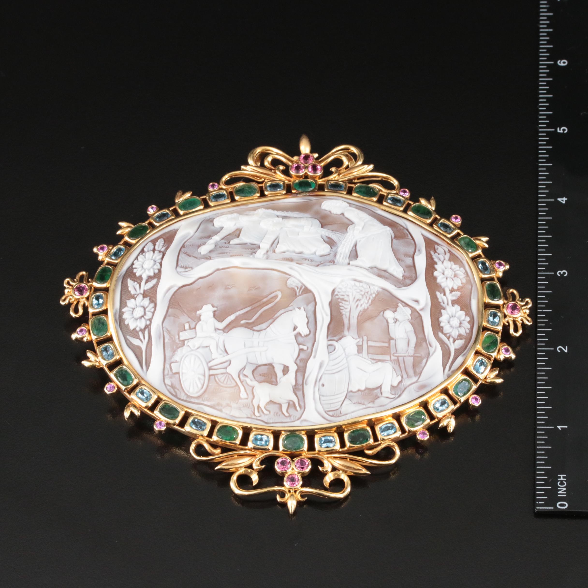 18K Large Scale Cameo Brooch with Gemstone Framing Featuring Harvest Scene
