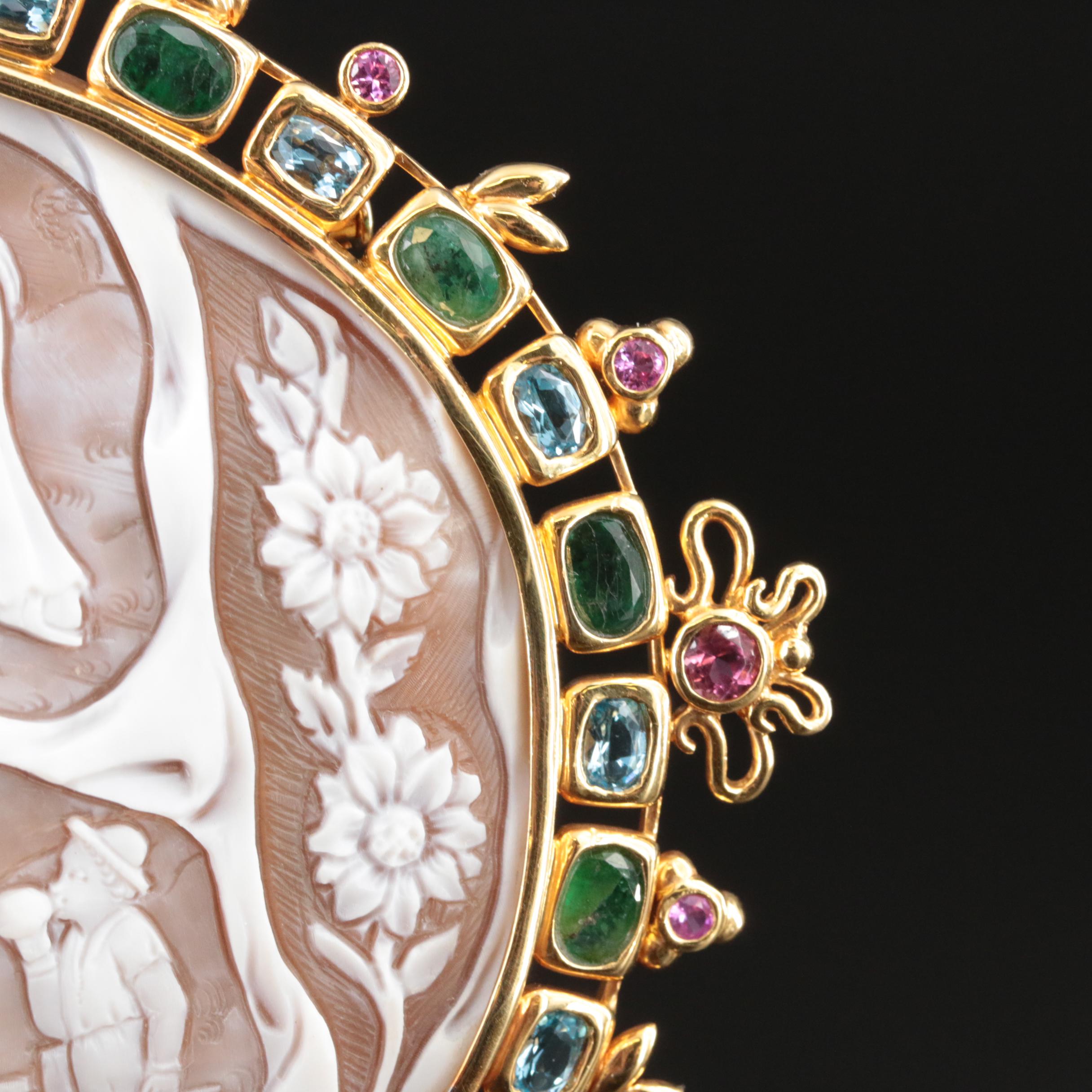 18K Large Scale Cameo Brooch with Gemstone Framing Featuring Harvest Scene
