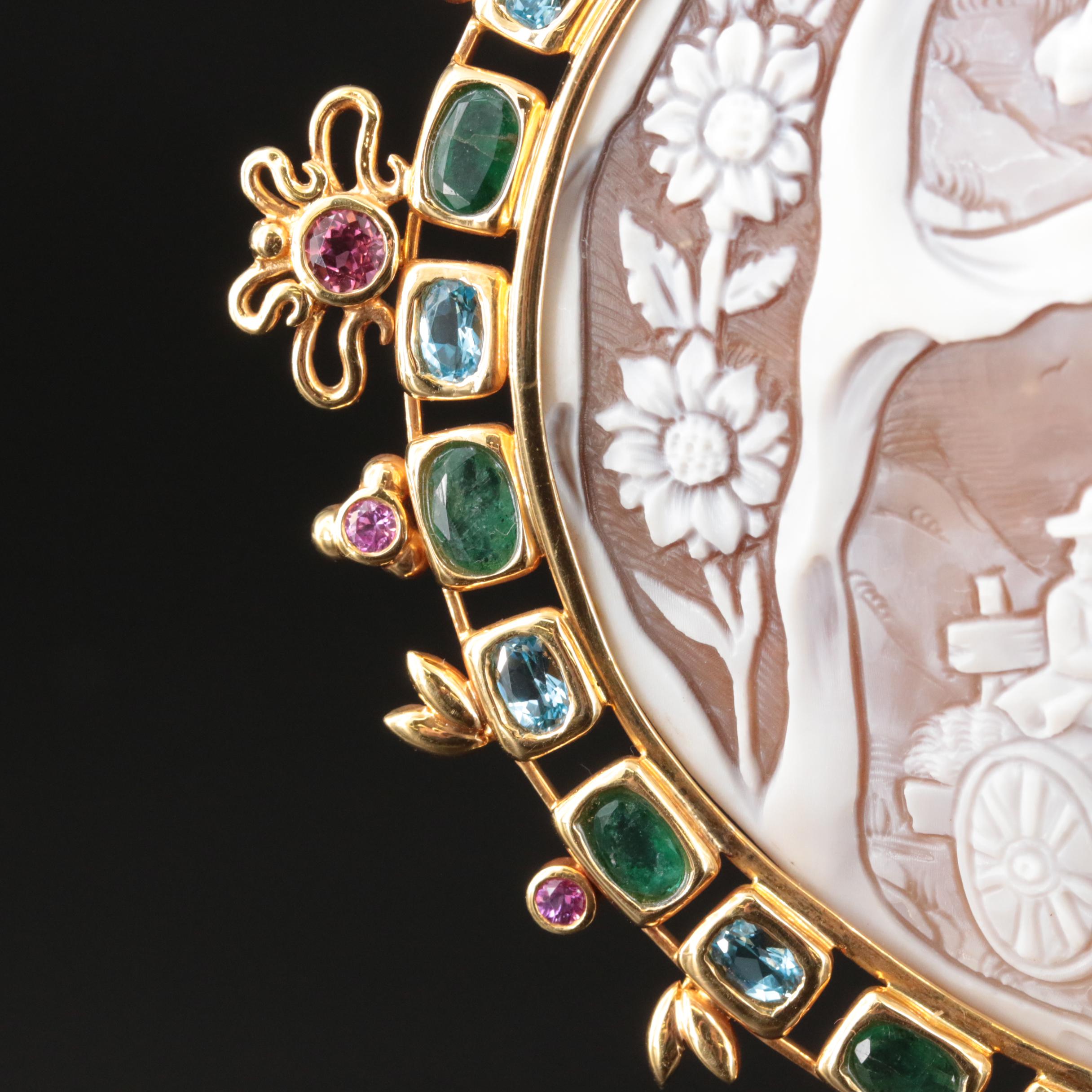 18K Large Scale Cameo Brooch with Gemstone Framing Featuring Harvest Scene