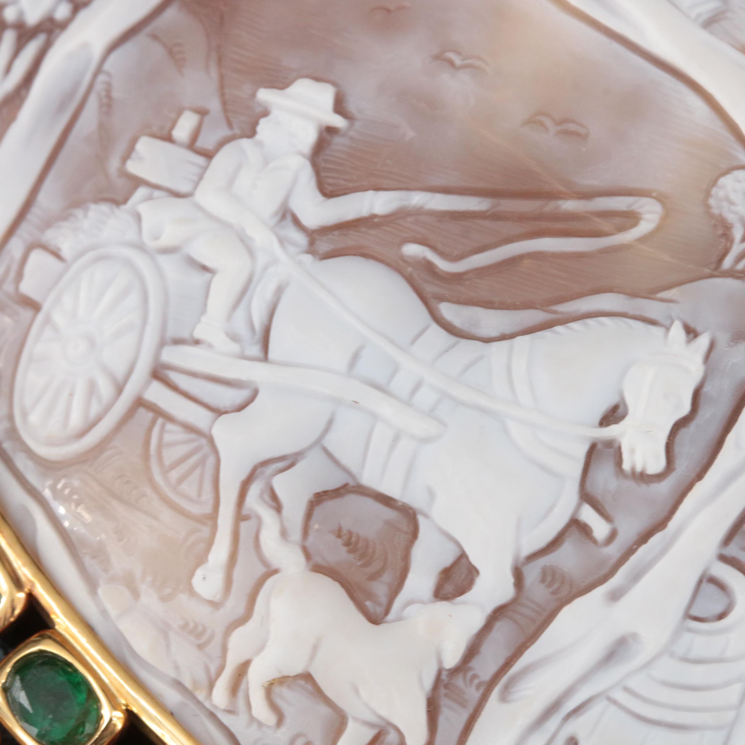 18K Large Scale Cameo Brooch with Gemstone Framing Featuring Harvest Scene