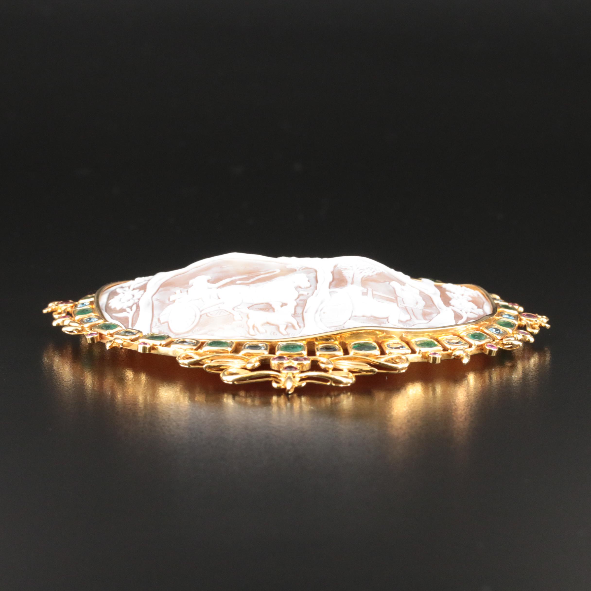 18K Large Scale Cameo Brooch with Gemstone Framing Featuring Harvest Scene