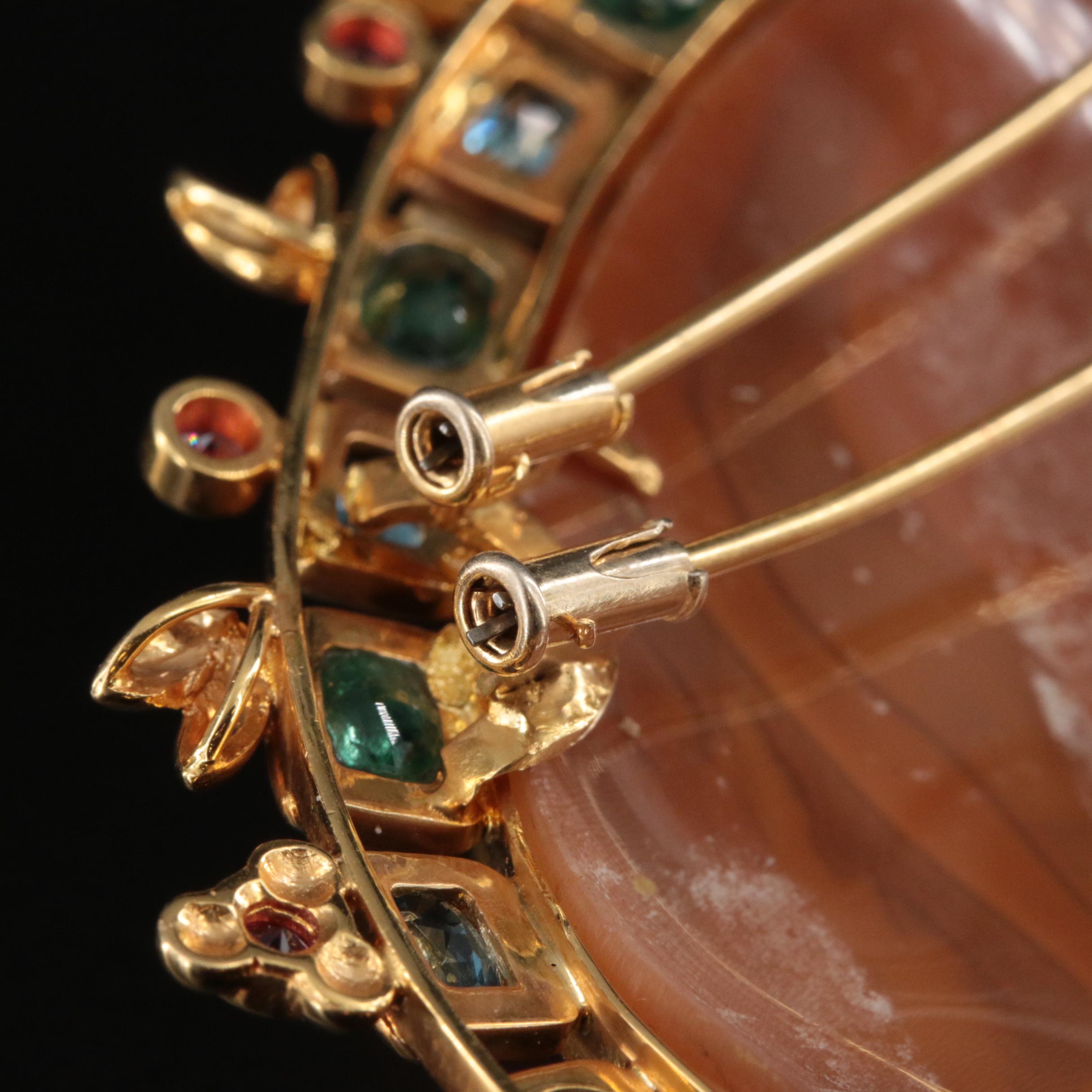 18K Large Scale Cameo Brooch with Gemstone Framing Featuring Harvest Scene