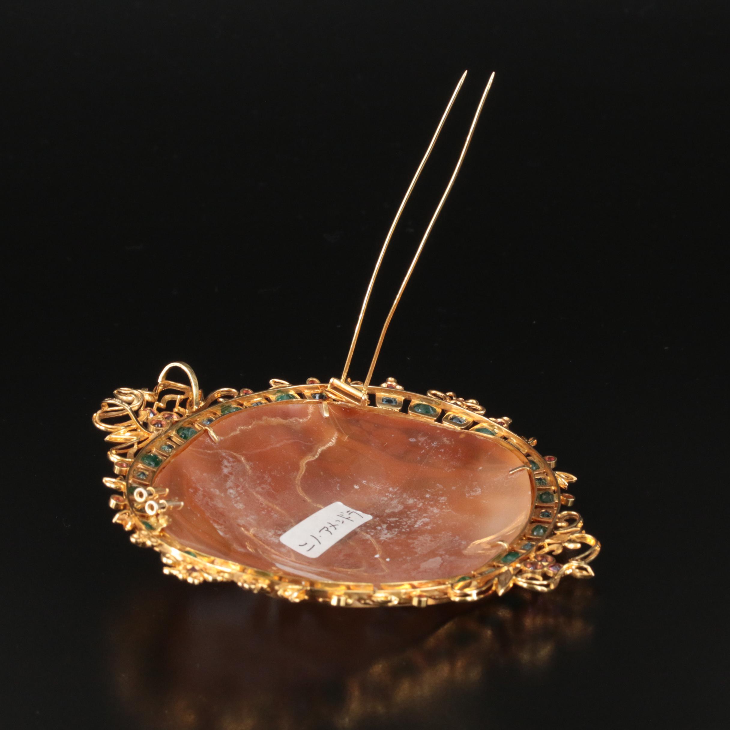 18K Large Scale Cameo Brooch with Gemstone Framing Featuring Harvest Scene