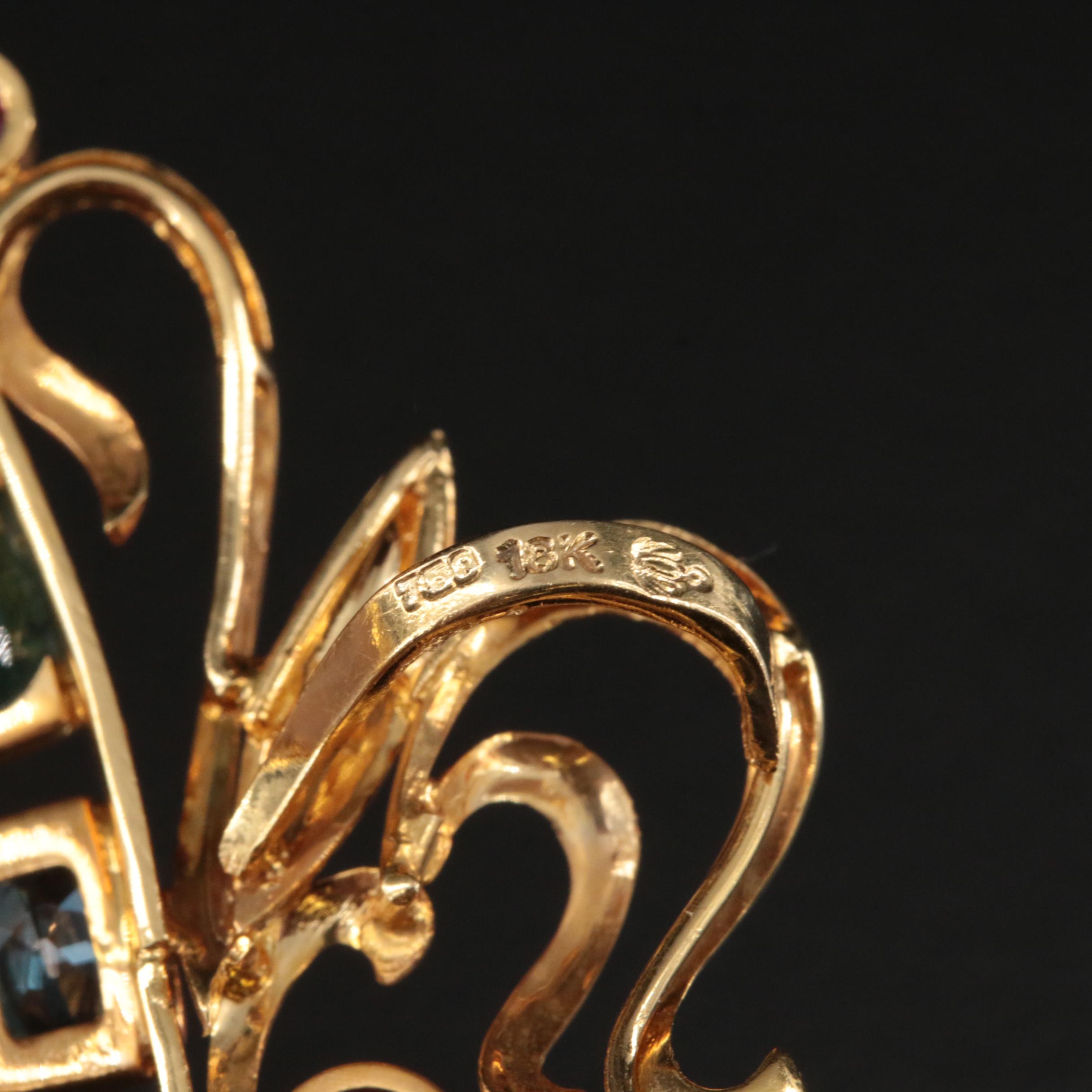 18K Large Scale Cameo Brooch with Gemstone Framing Featuring Harvest Scene