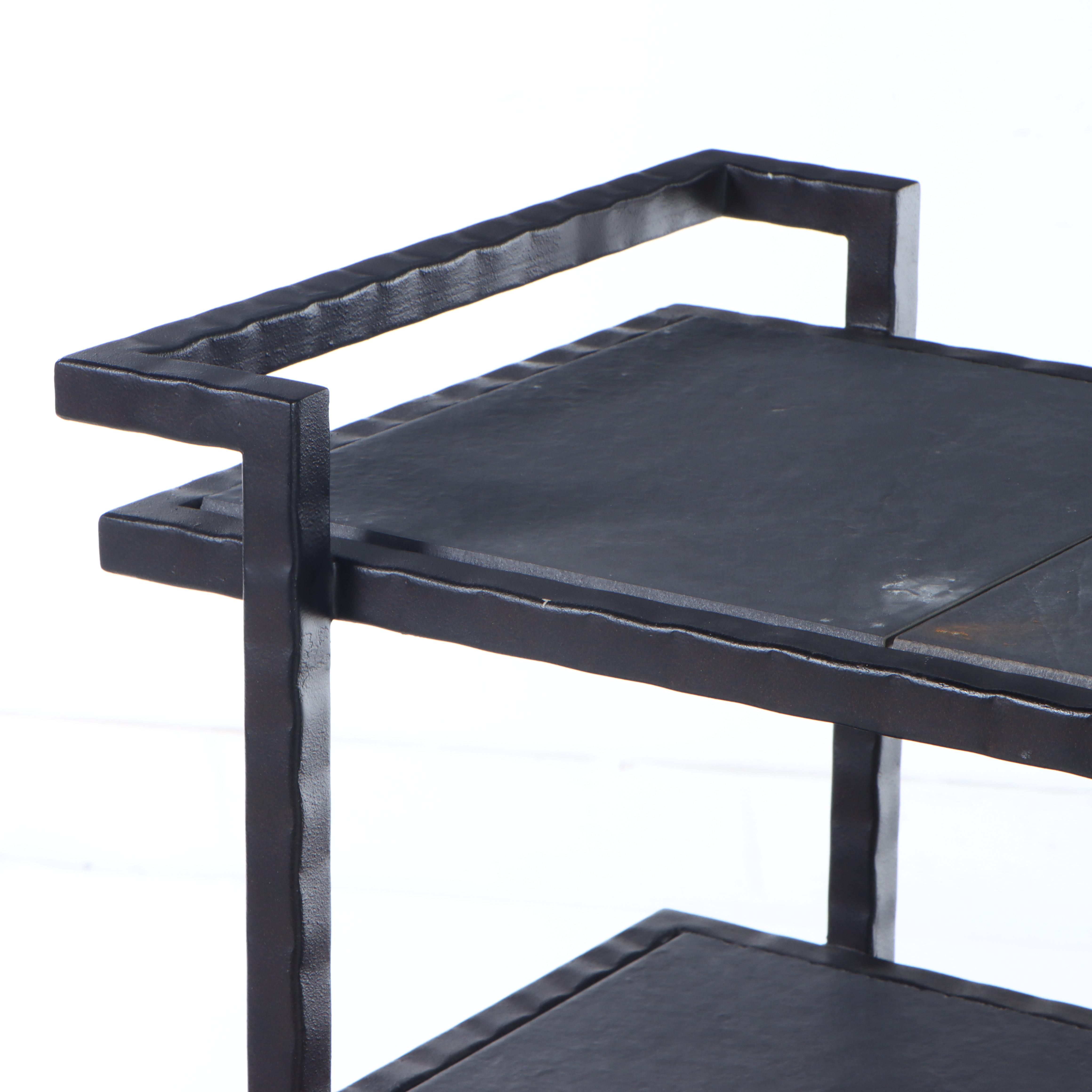 Industrial Style Wrought Metal and Slate Three-Tiered Console Table