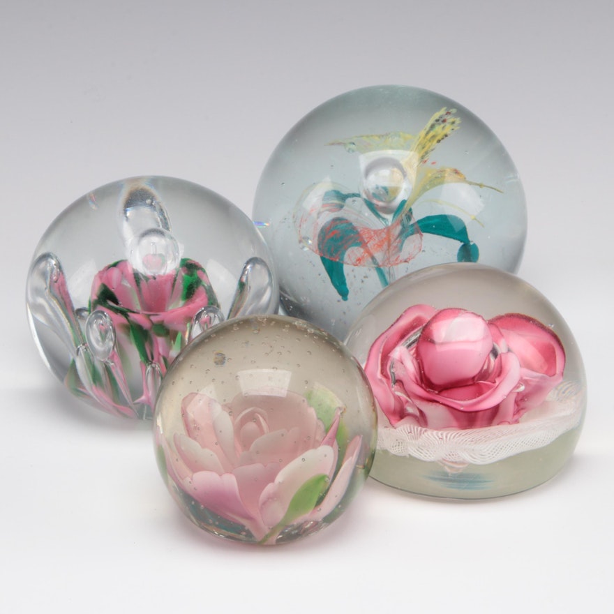 Murano Latticino and Rose with Other Flower Paperweights