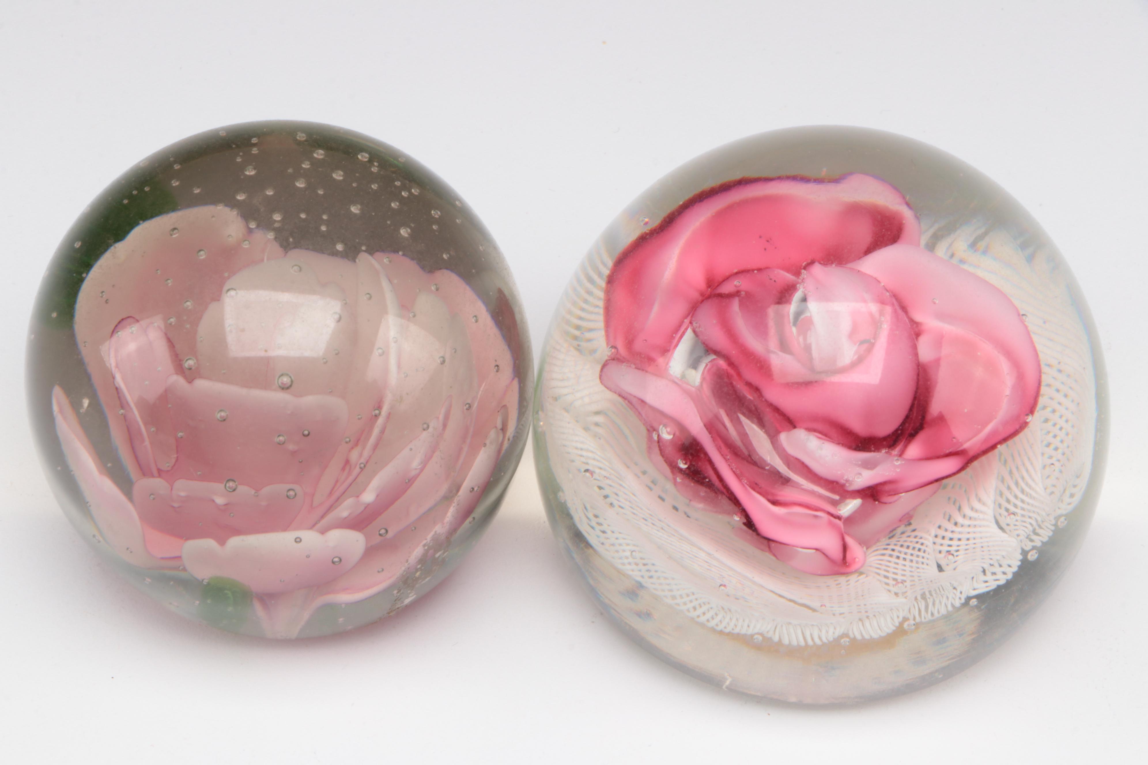 Murano Latticino and Rose with Other Flower Paperweights