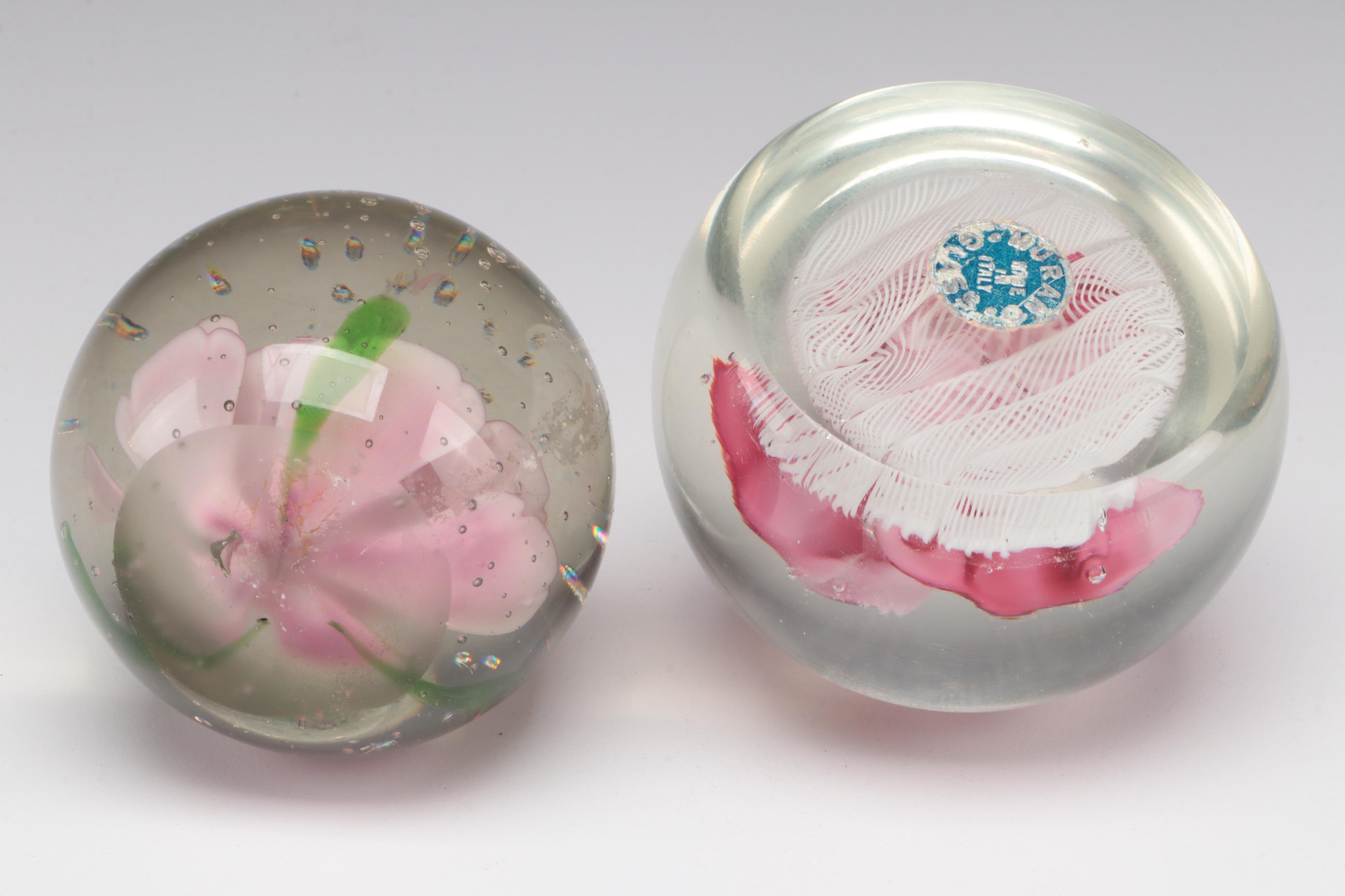 Murano Latticino and Rose with Other Flower Paperweights