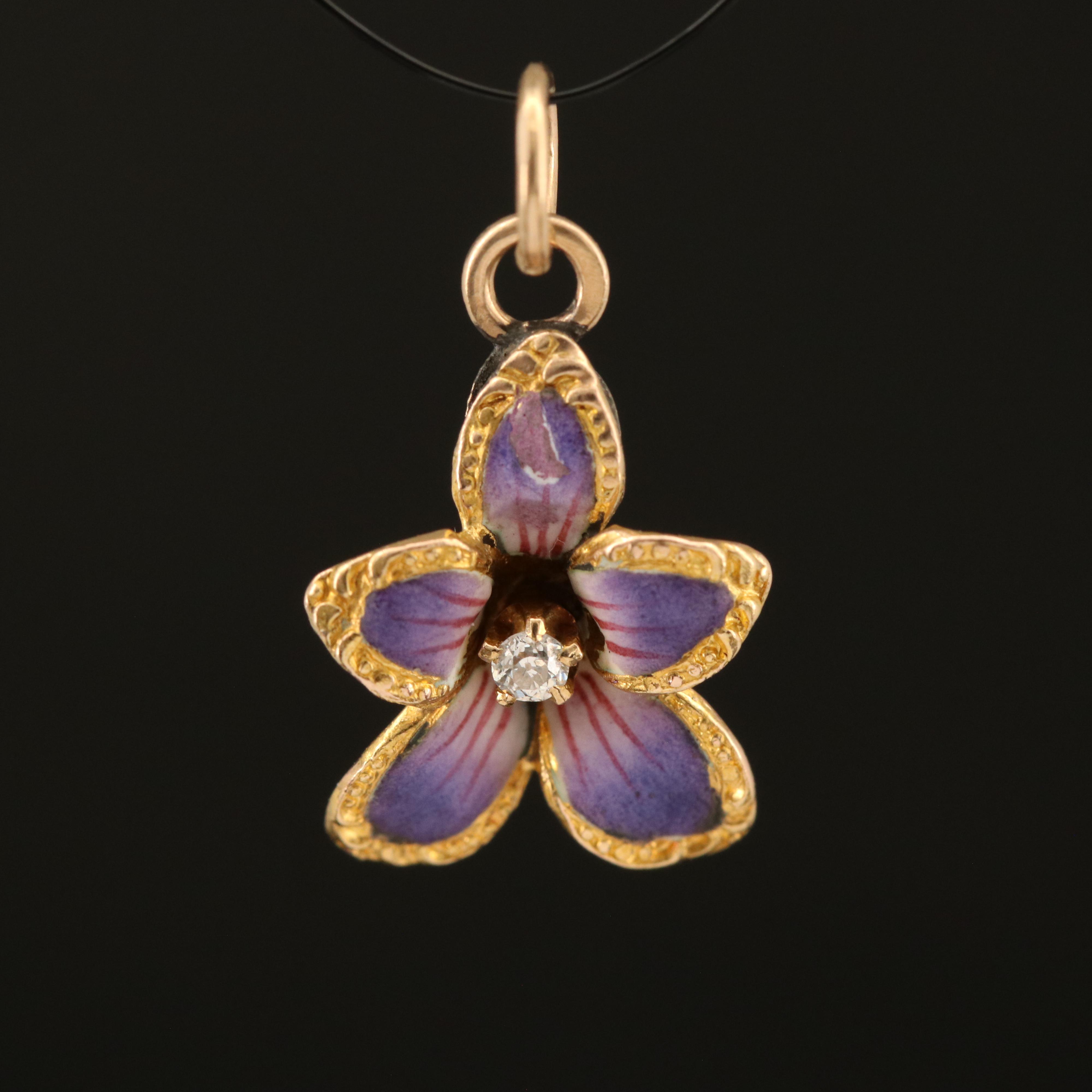 14K Diamond and Enamel Flower Pendant