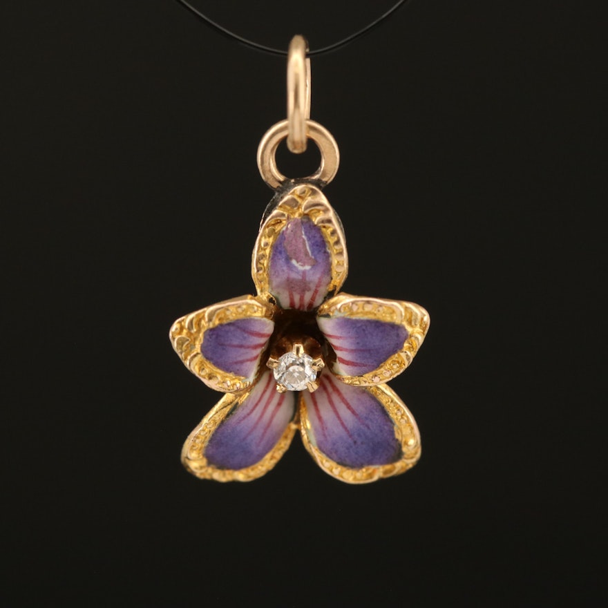 14K Diamond and Enamel Flower Pendant