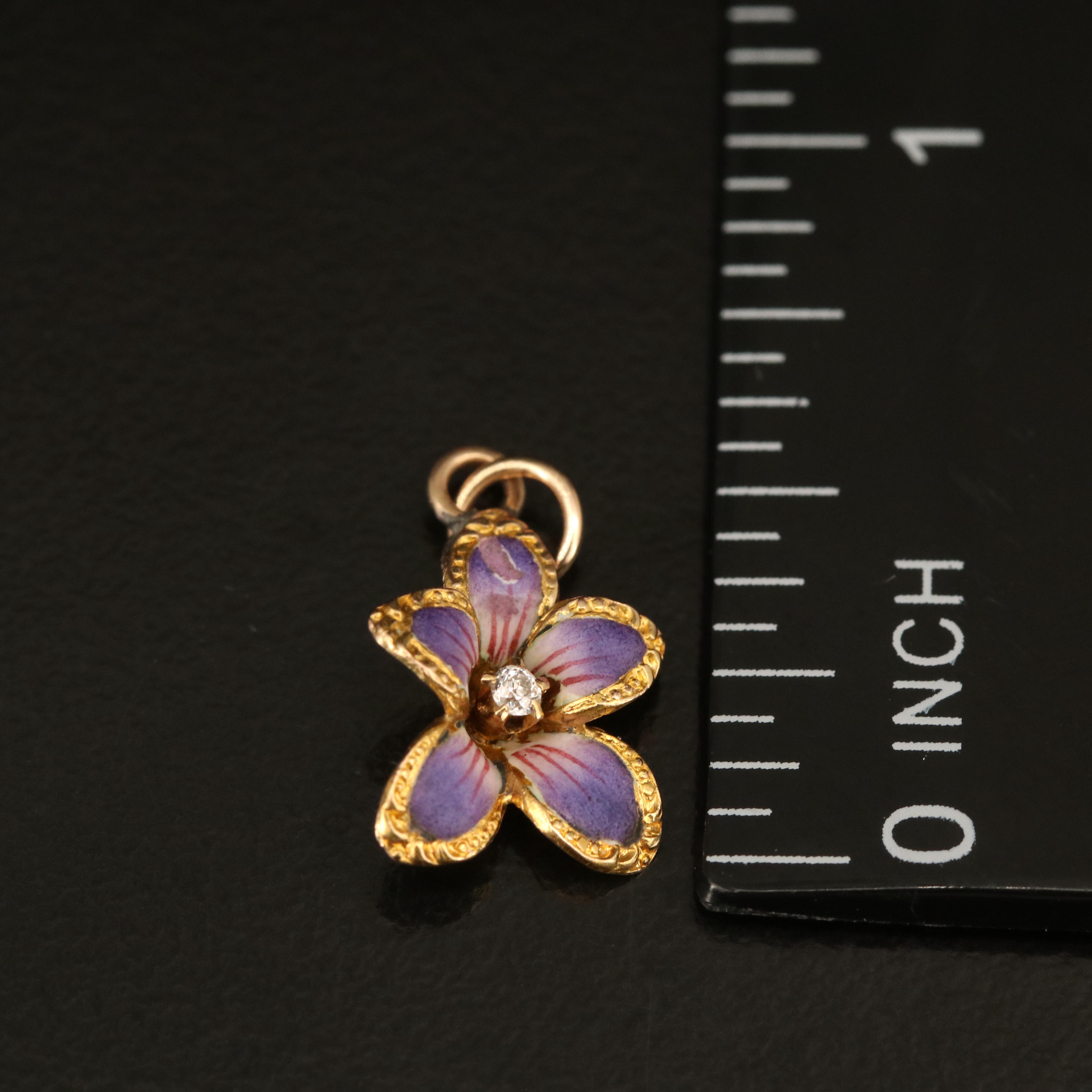 14K Diamond and Enamel Flower Pendant