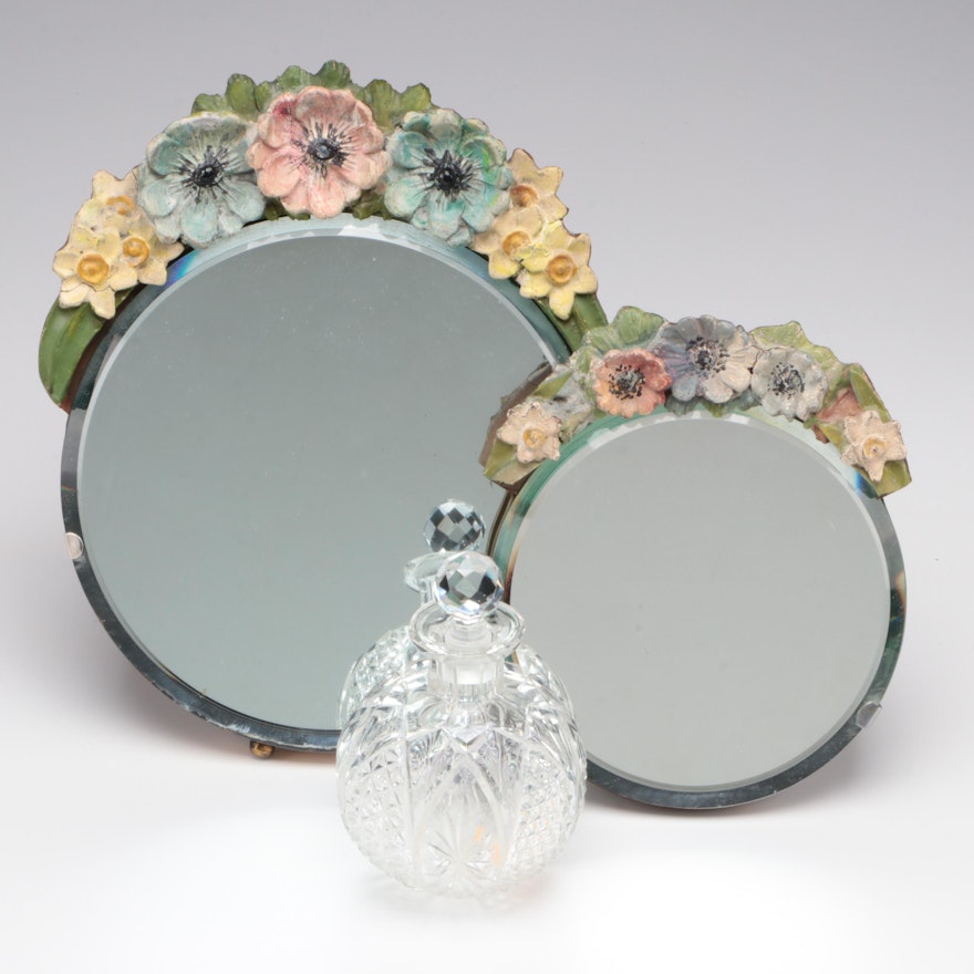 English Barbola Vanity Mirrors with Cut Glass Perfume Bottle, Early 20th Century