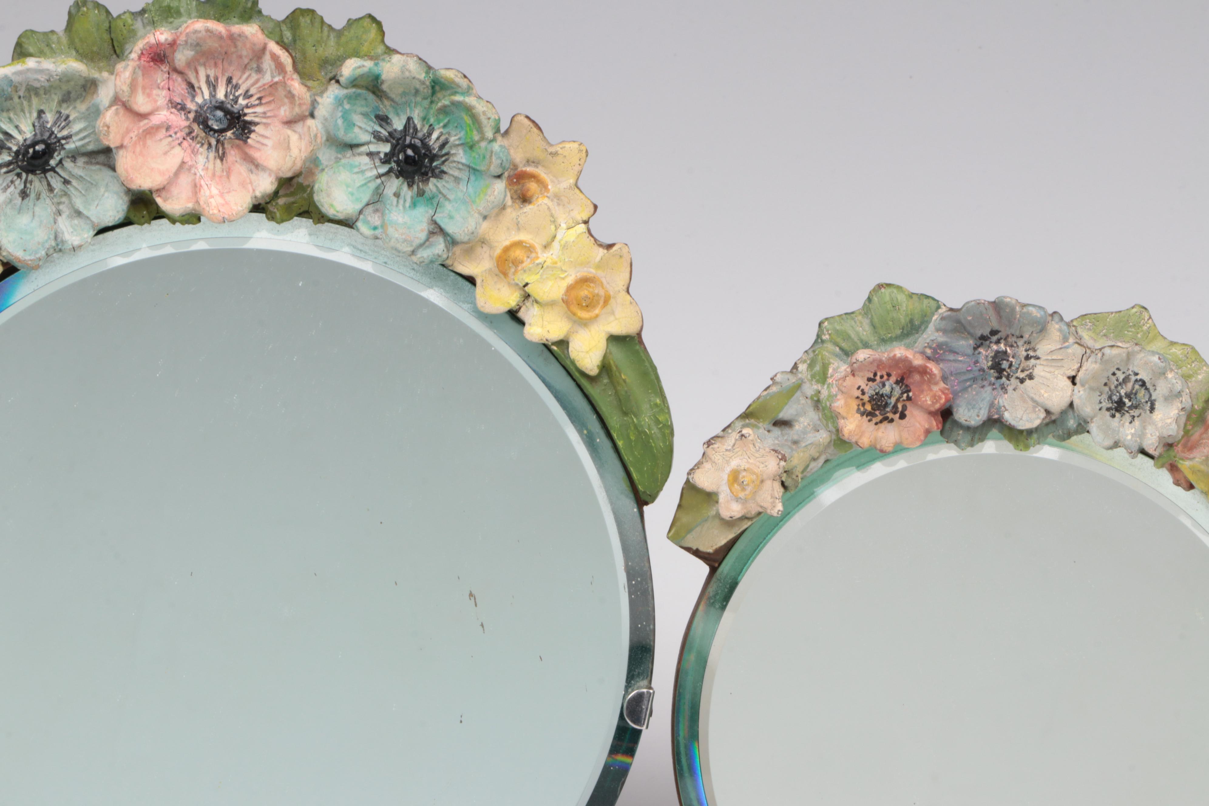 English Barbola Vanity Mirrors with Cut Glass Perfume Bottle, Early 20th Century