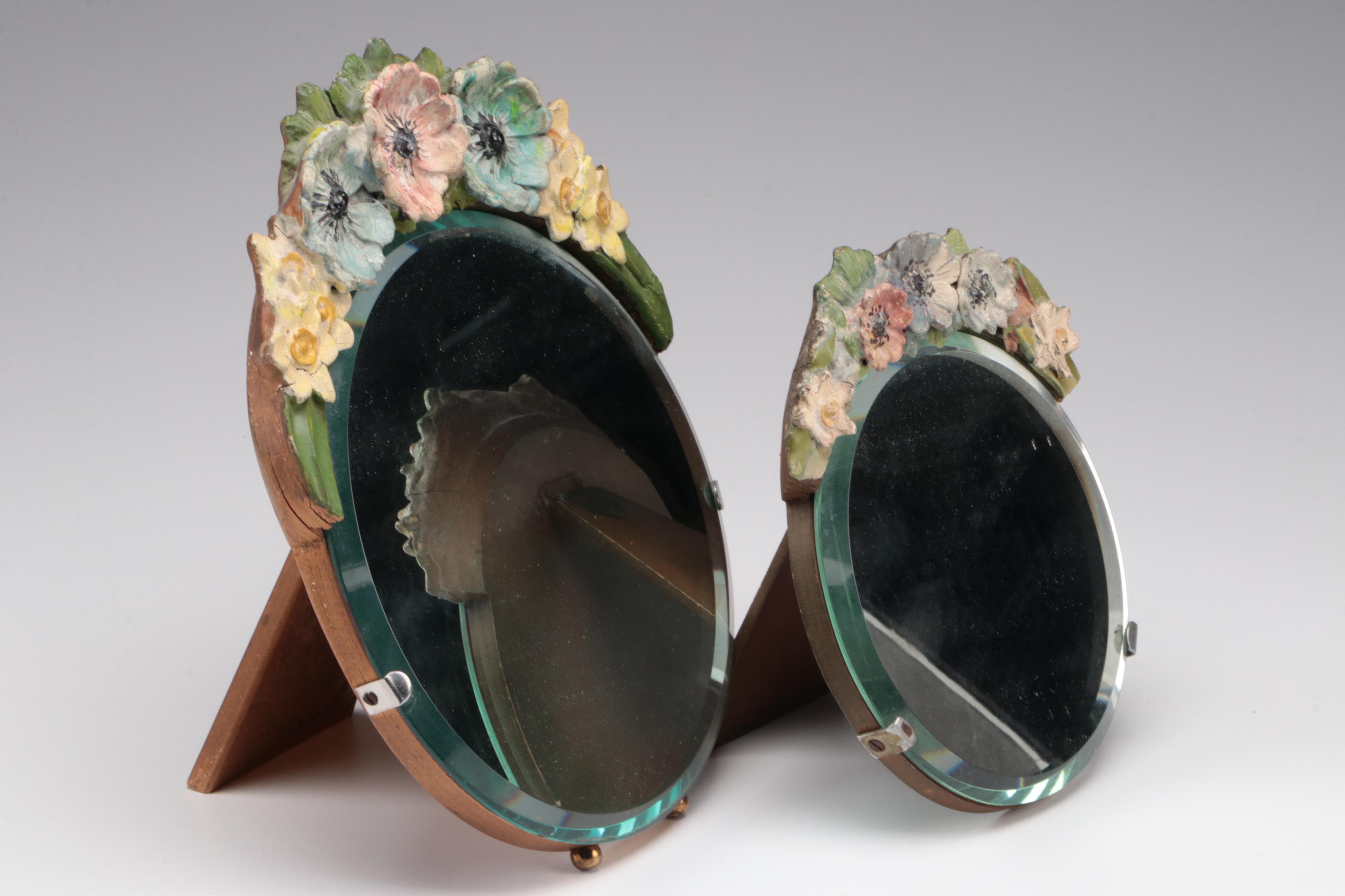 English Barbola Vanity Mirrors with Cut Glass Perfume Bottle, Early 20th Century