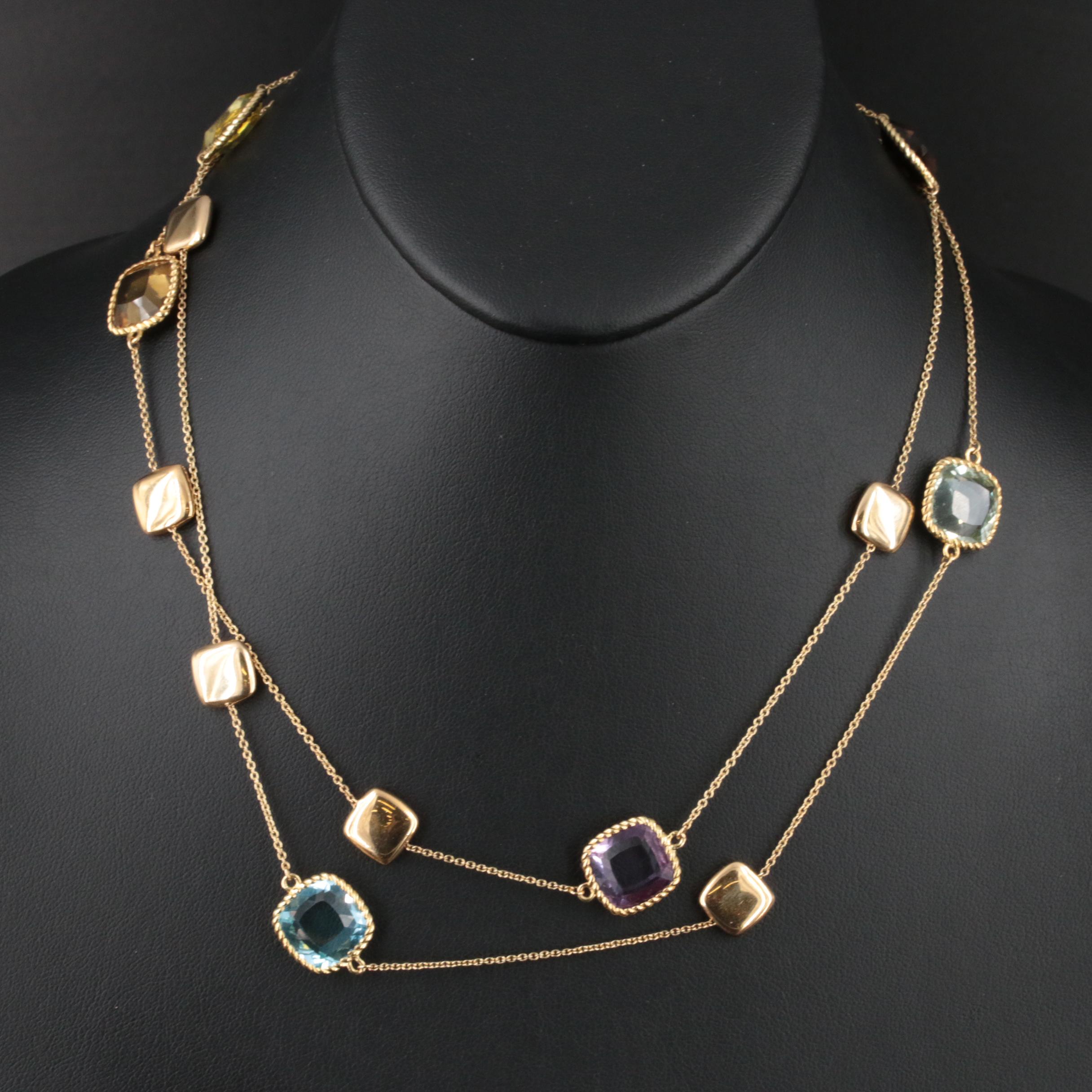 Roberto Coin "Ipanema" 18K Amethyst, Smoky Quartz and Gemstone Station Necklace