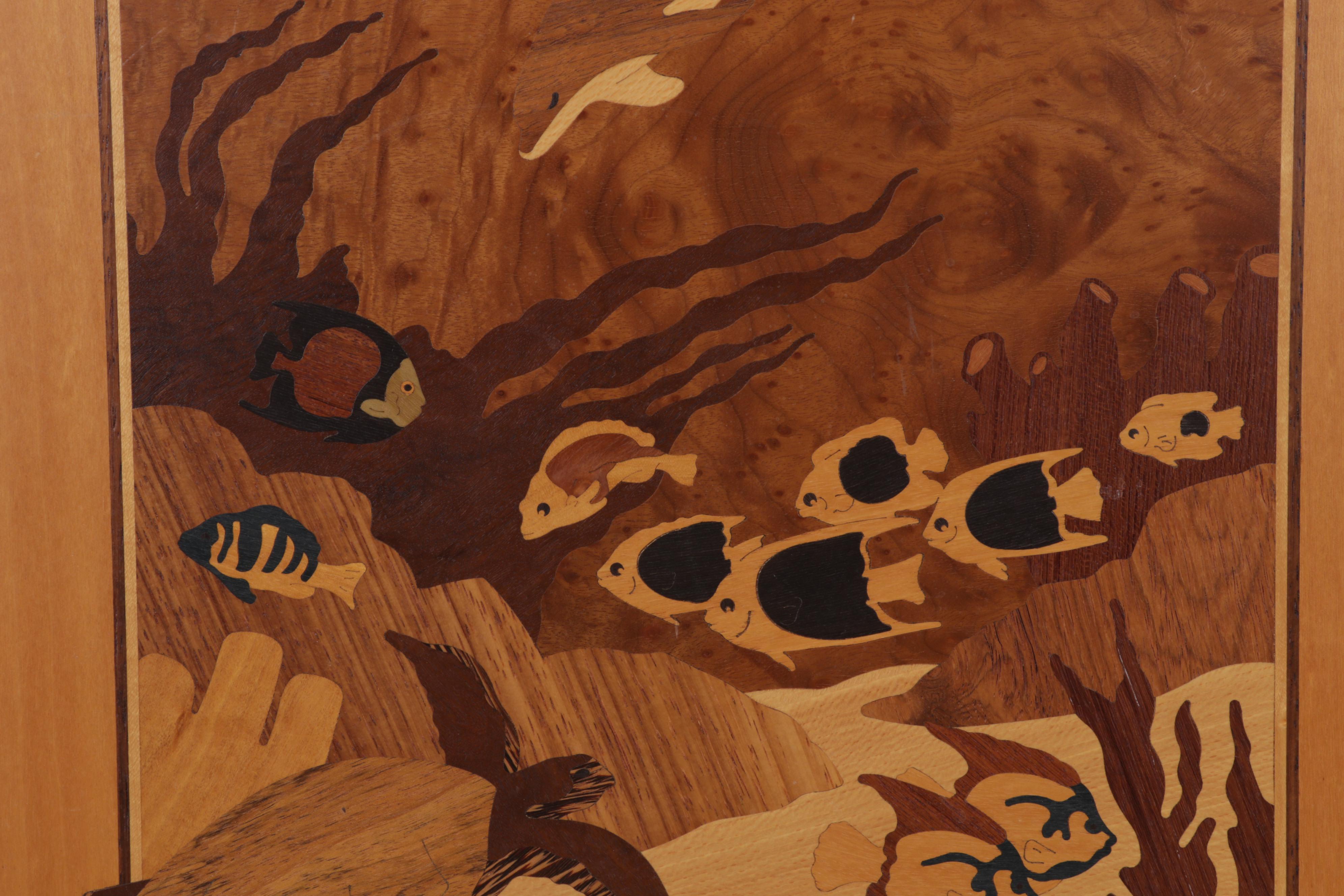 Hudson River Inlay Wood Marquetry Wall Hanging "Sea Frolic," Circa 1995