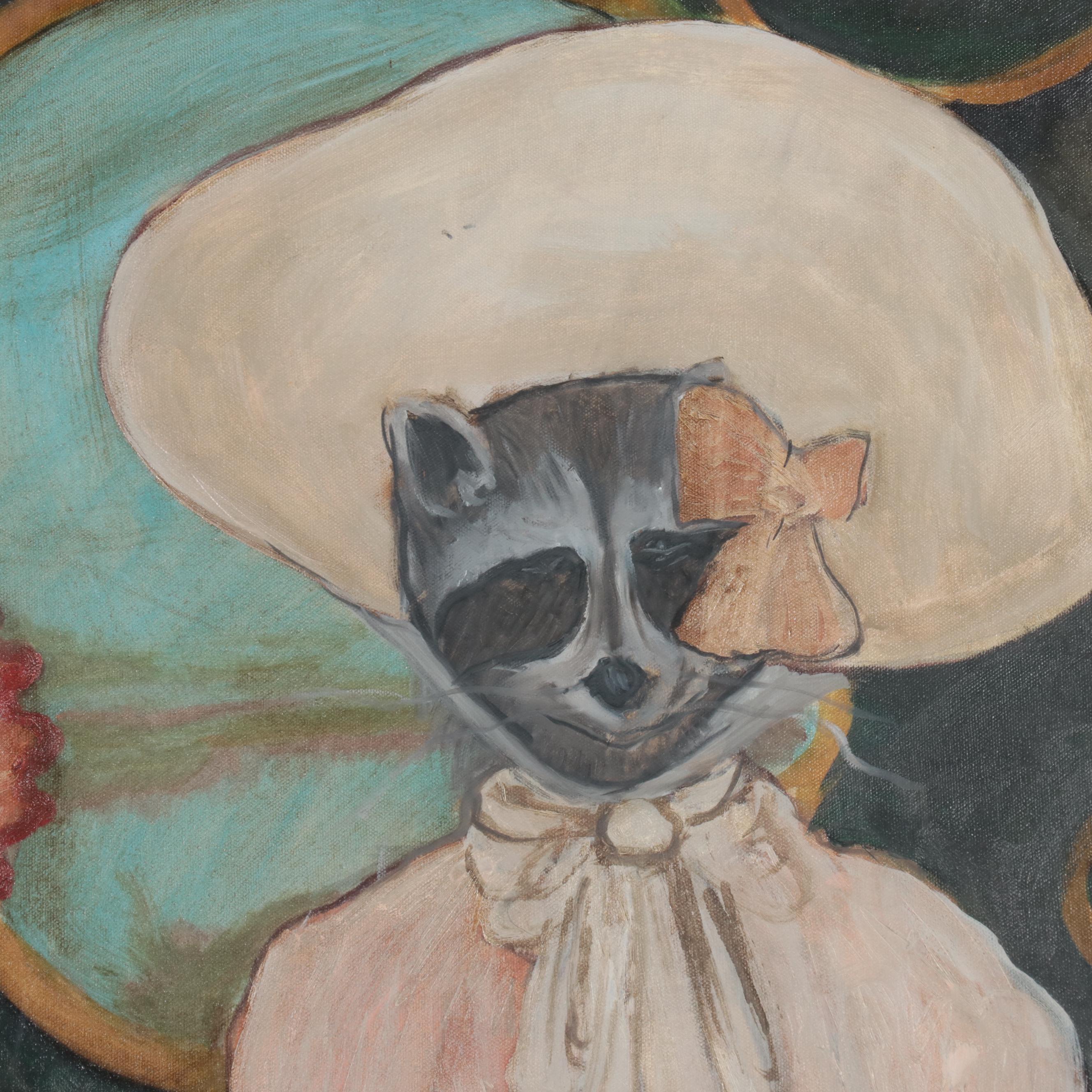 Oil Painting of Raccoons In Dresses