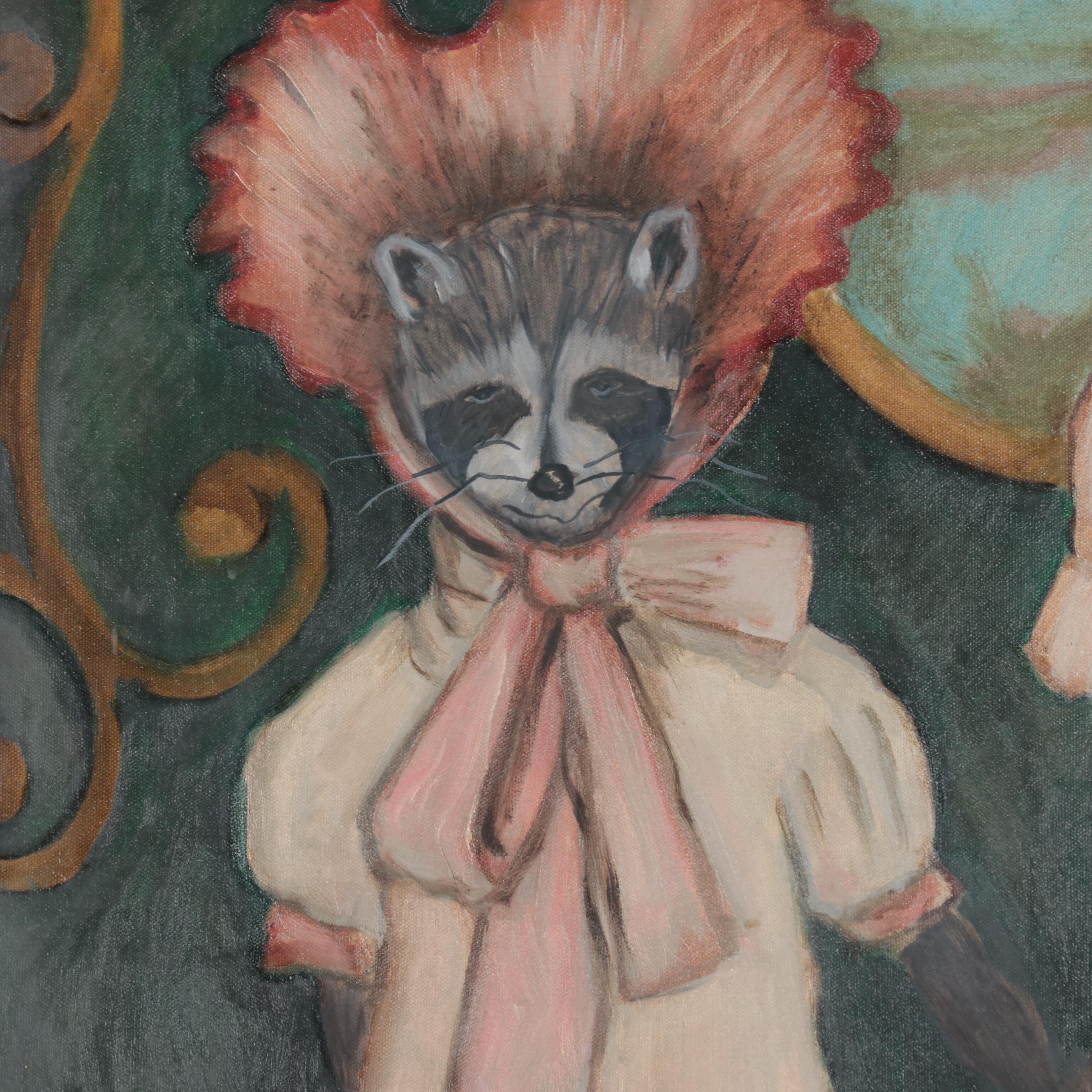 Oil Painting of Raccoons In Dresses