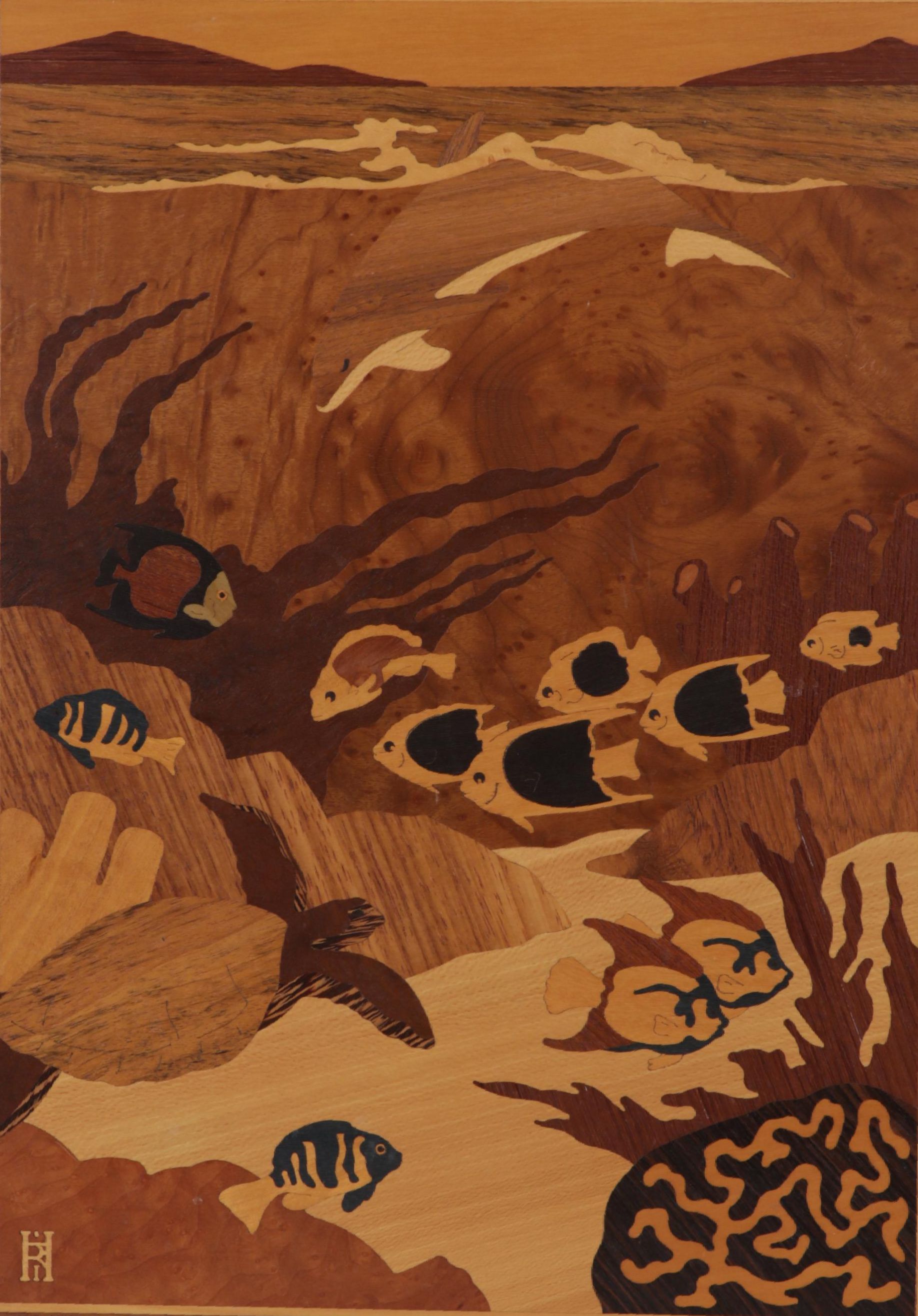 Hudson River Inlay Wood Marquetry Wall Hanging "Sea Frolic," Circa 1995