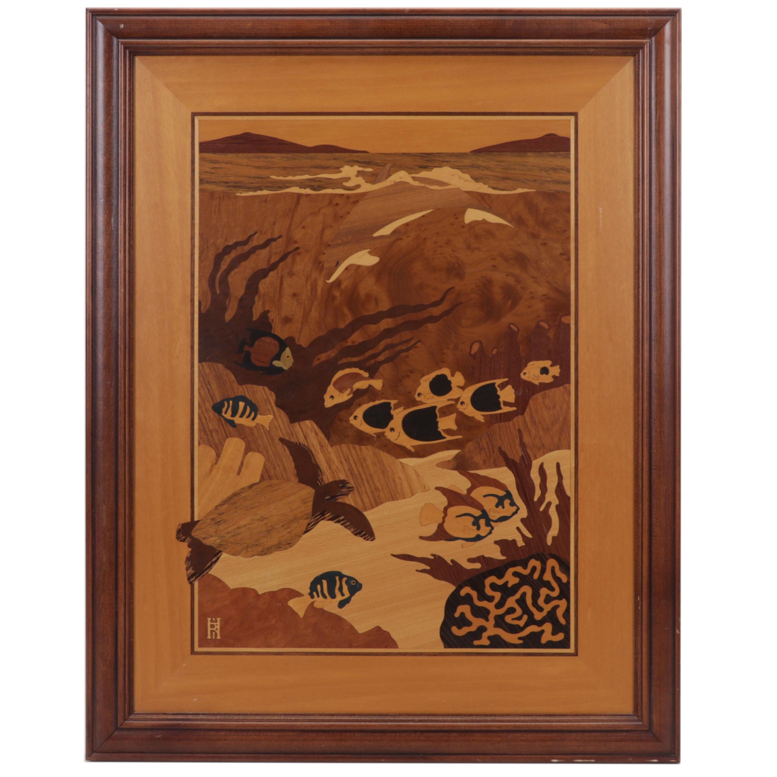 Hudson River Inlay Wood Marquetry Wall Hanging "Sea Frolic," Circa 1995