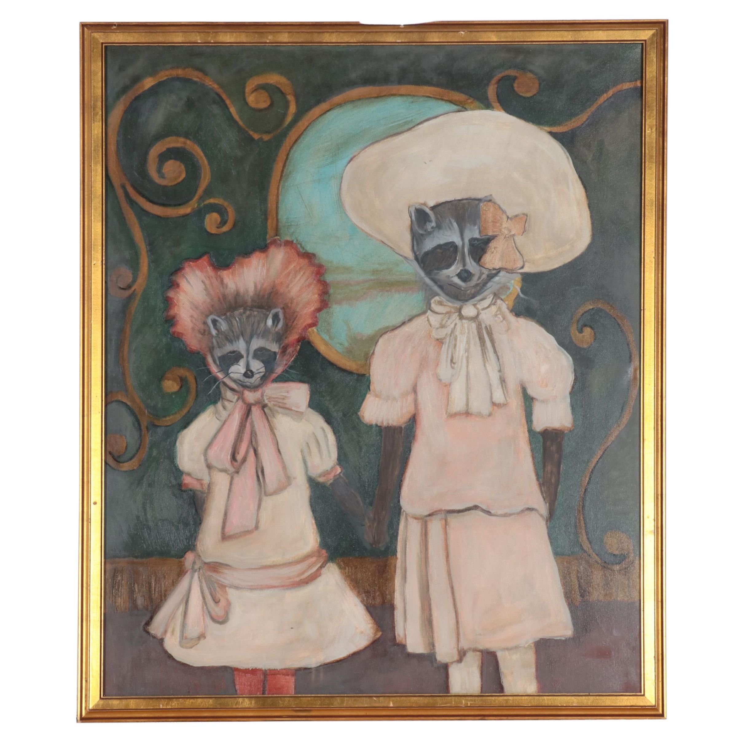 Oil Painting of Raccoons In Dresses