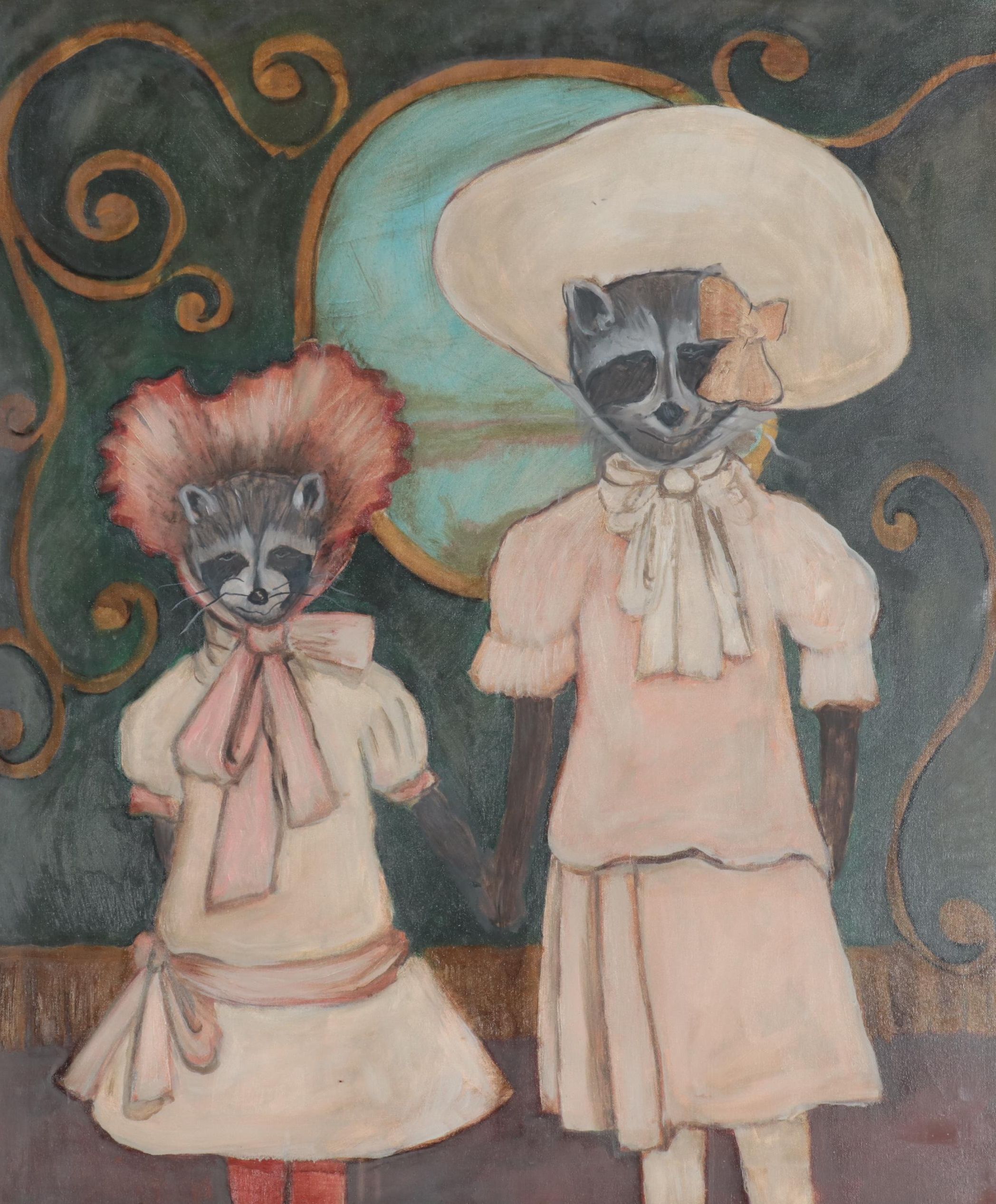 Oil Painting of Raccoons In Dresses