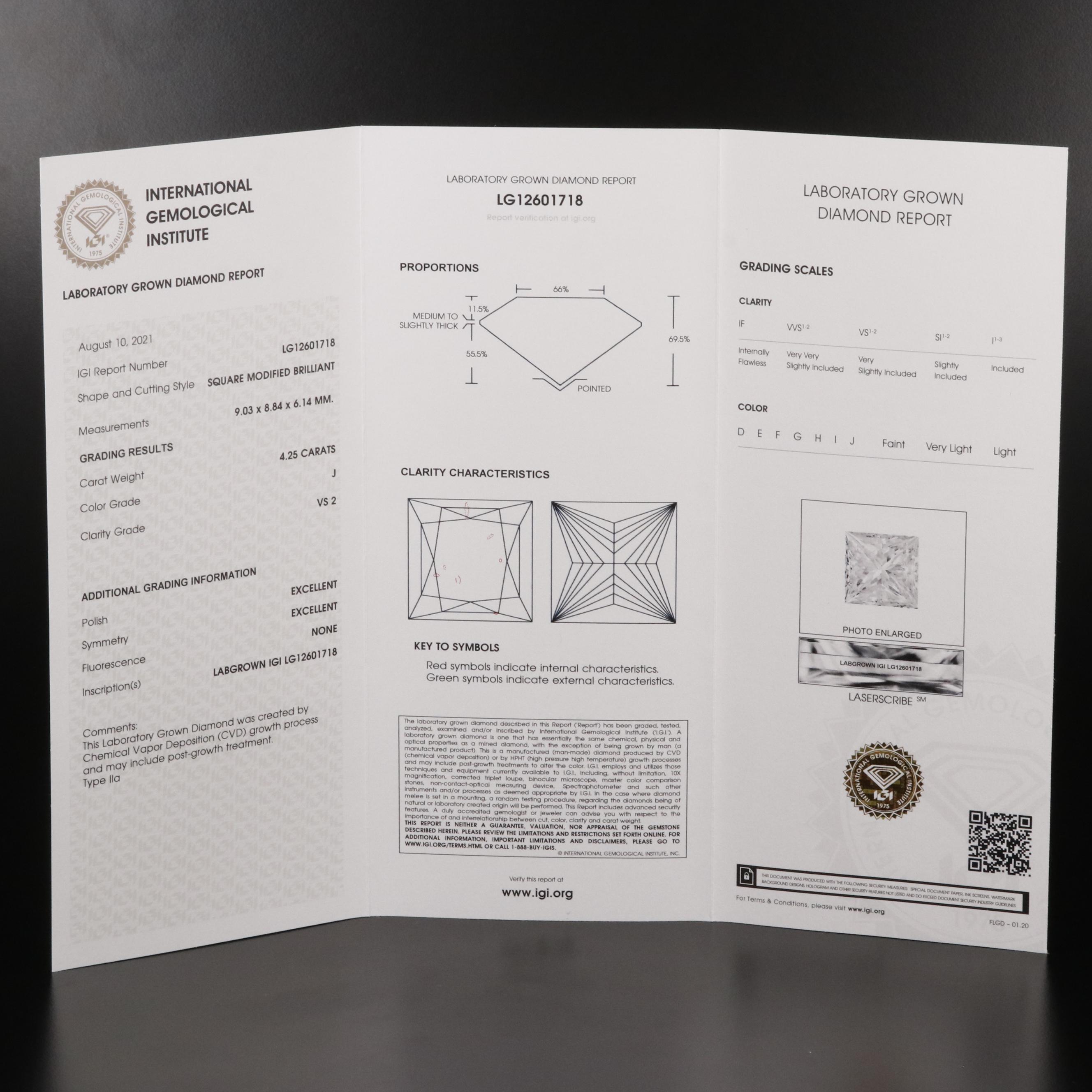 Loose 4.25 CT Lab Grown Diamond with IGI Report