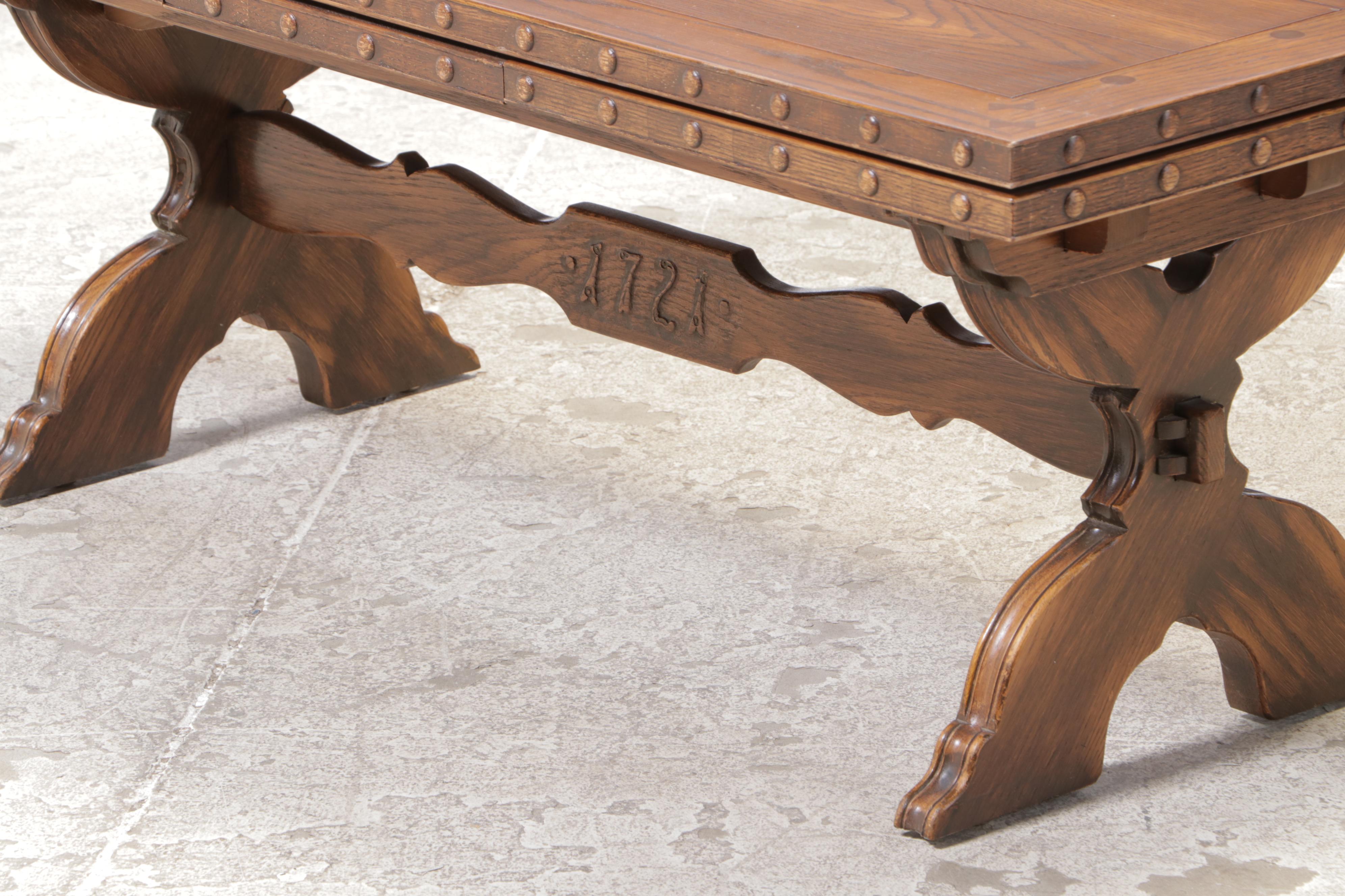 Romweber "1721" Carved Oak Draw-Leaf Coffee Table, 20th Century