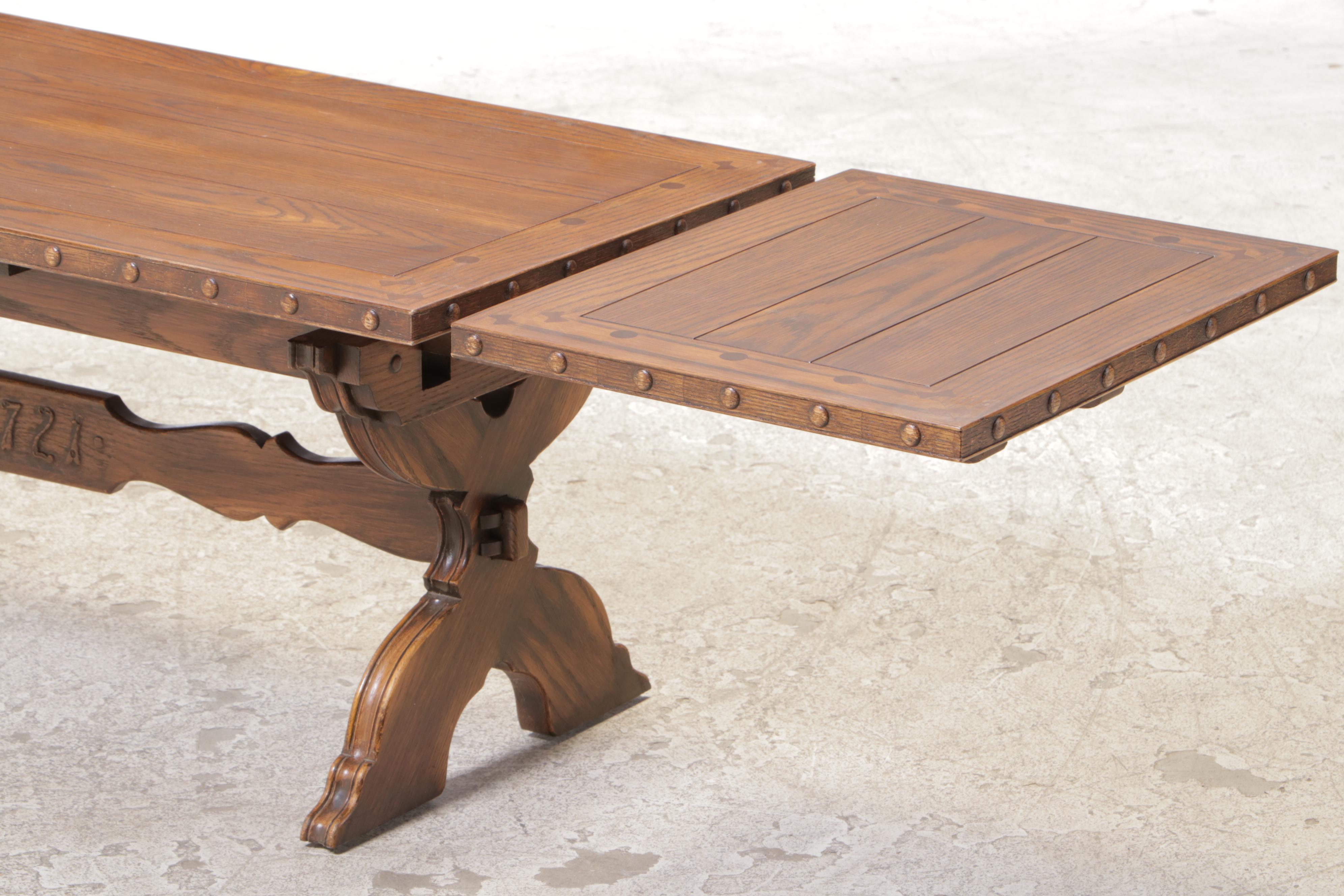 Romweber "1721" Carved Oak Draw-Leaf Coffee Table, 20th Century