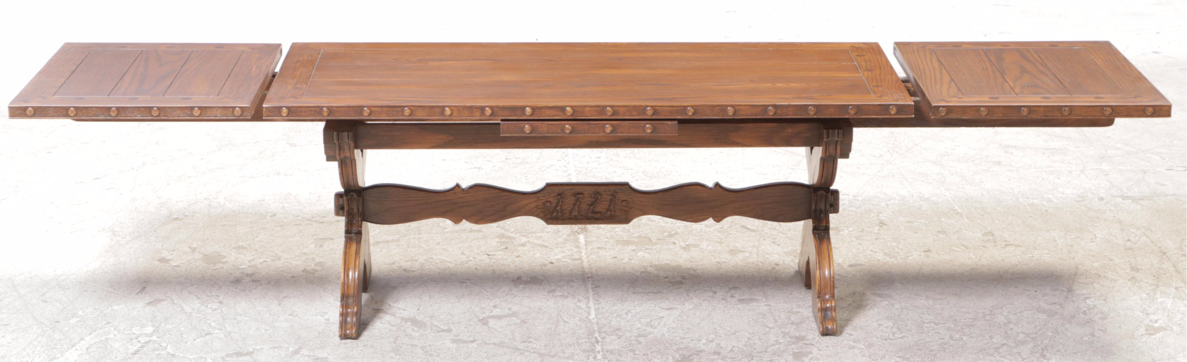 Romweber "1721" Carved Oak Draw-Leaf Coffee Table, 20th Century