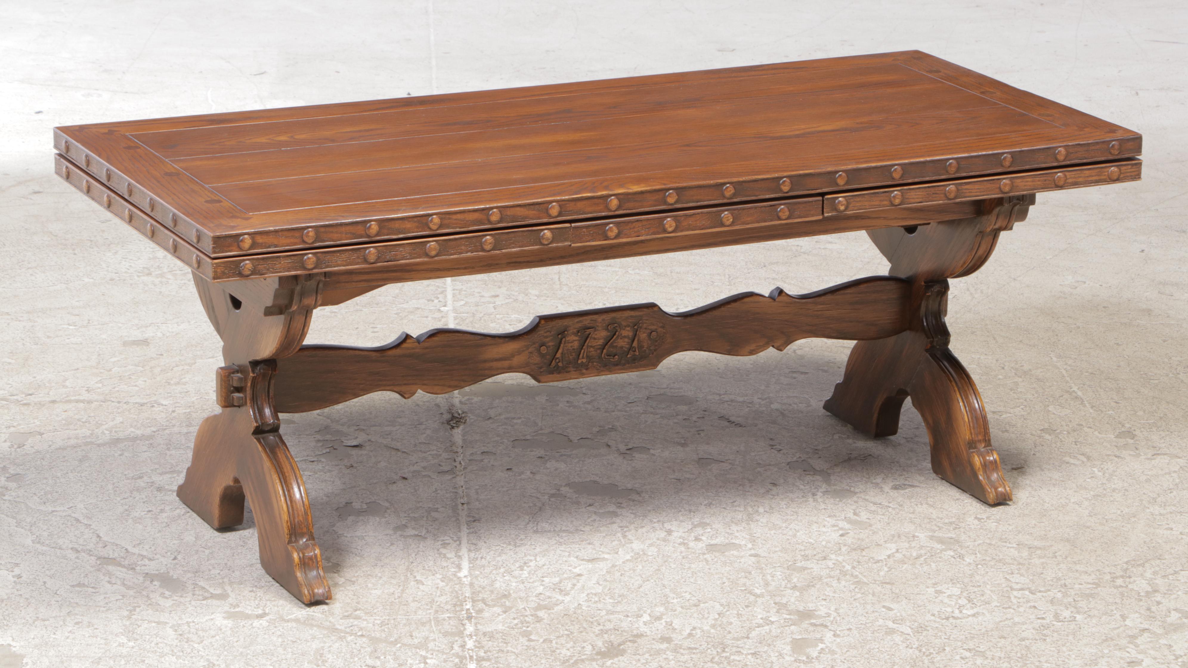 Romweber "1721" Carved Oak Draw-Leaf Coffee Table, 20th Century