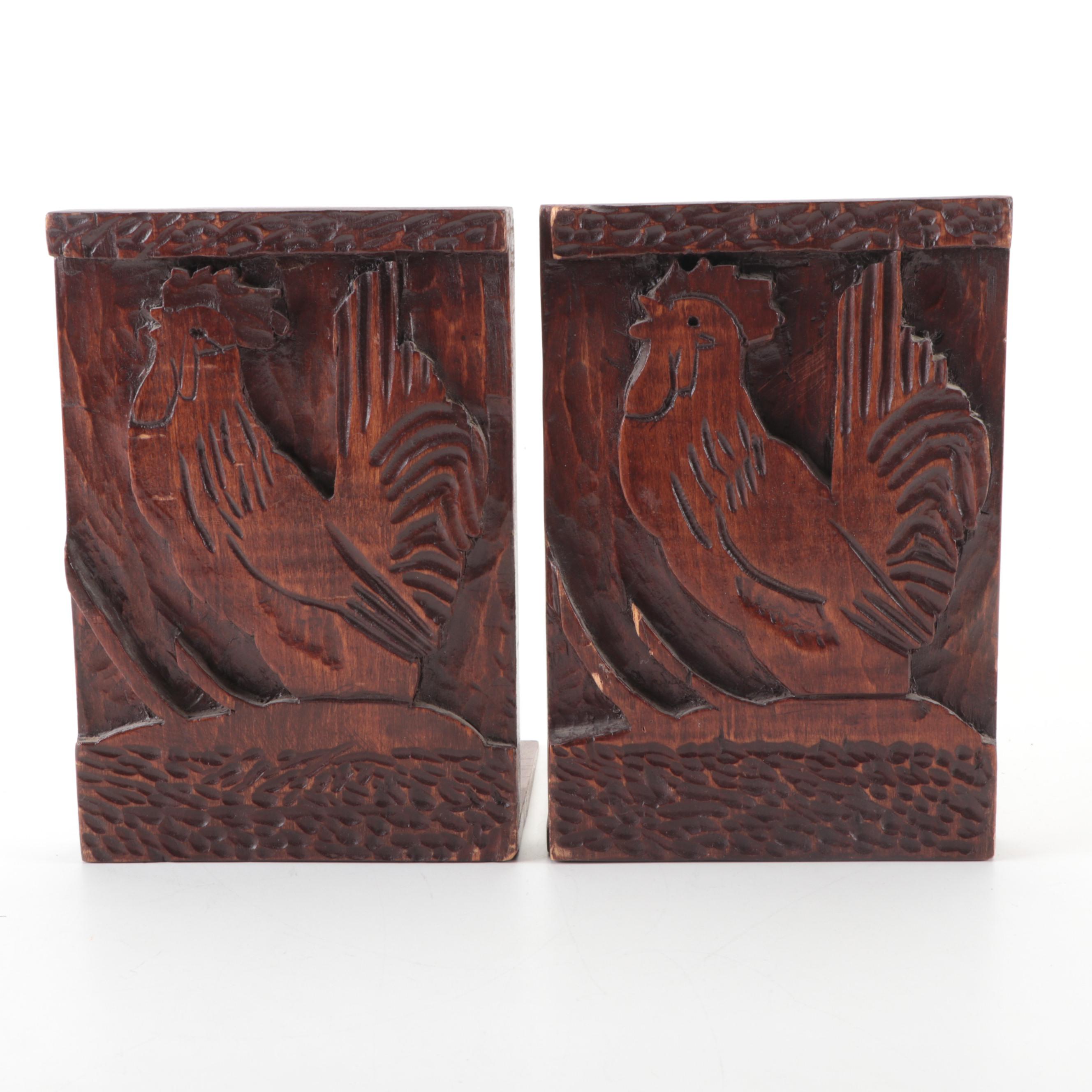 Pair of Rooster-Motif Hand-Carved Wooden Bookends