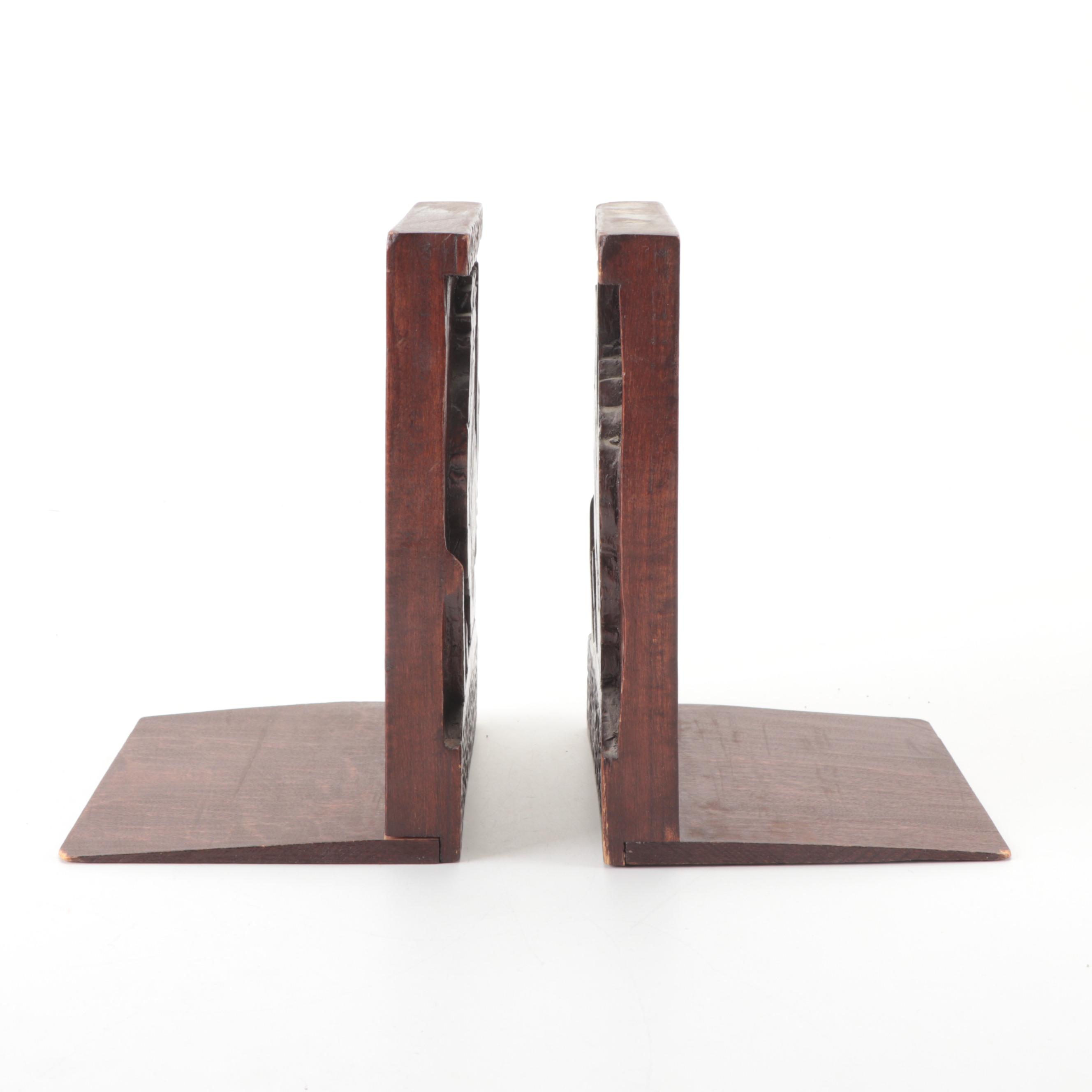 Pair of Rooster-Motif Hand-Carved Wooden Bookends