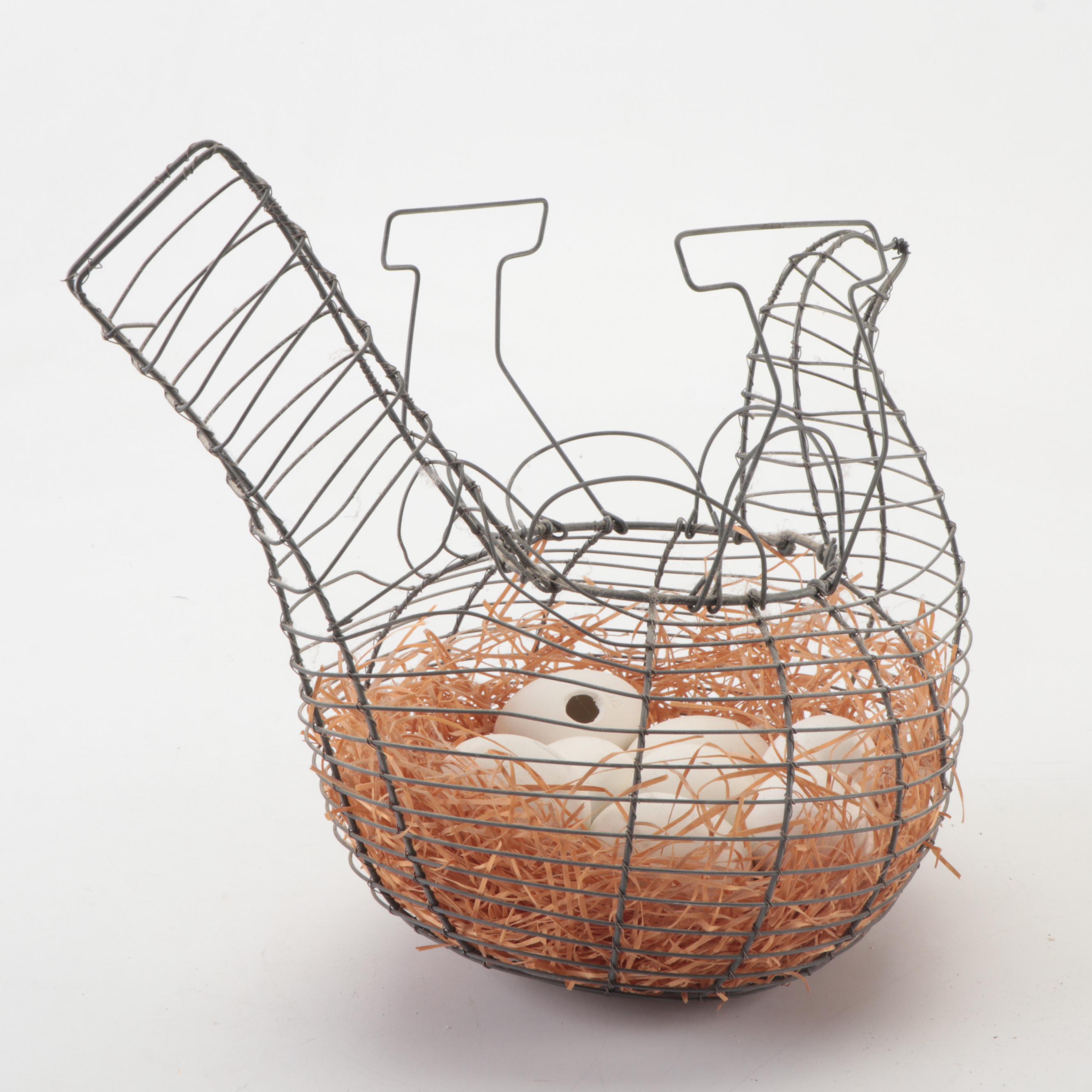 Metal Wire Chicken Form Basket and Ceramic Eggs