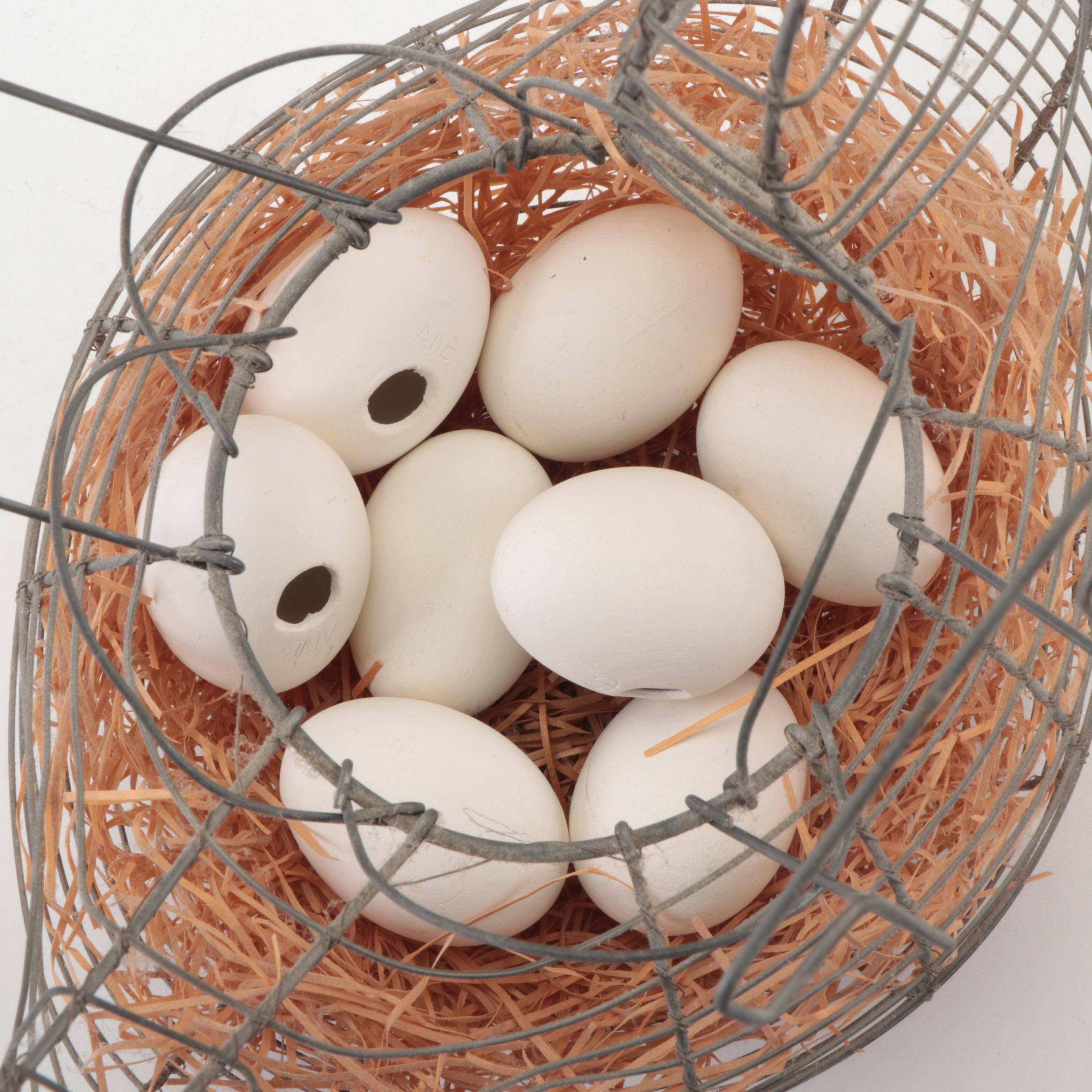 Metal Wire Chicken Form Basket and Ceramic Eggs