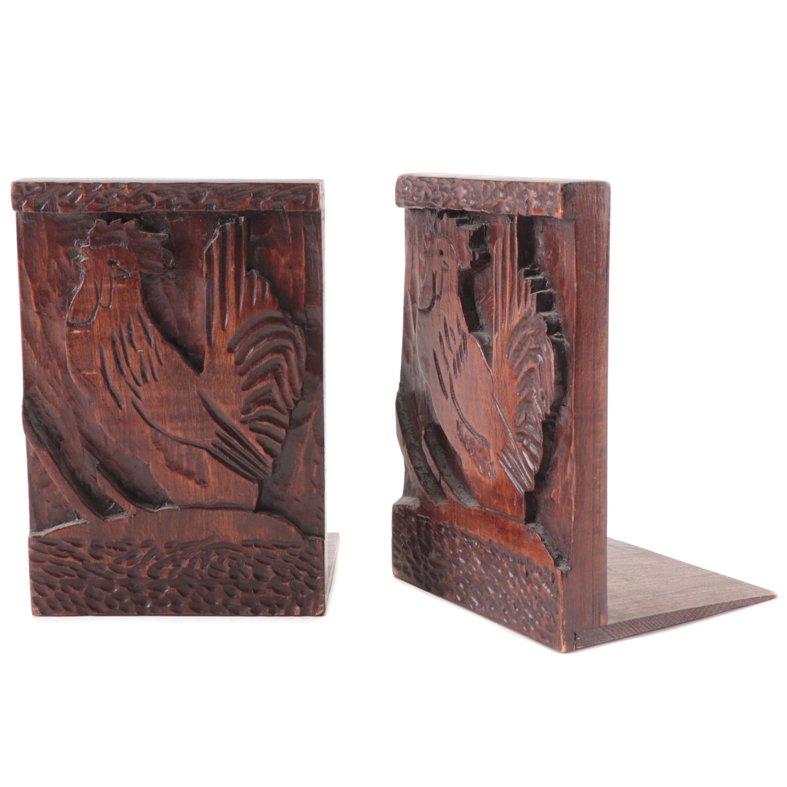 Pair of Rooster-Motif Hand-Carved Wooden Bookends
