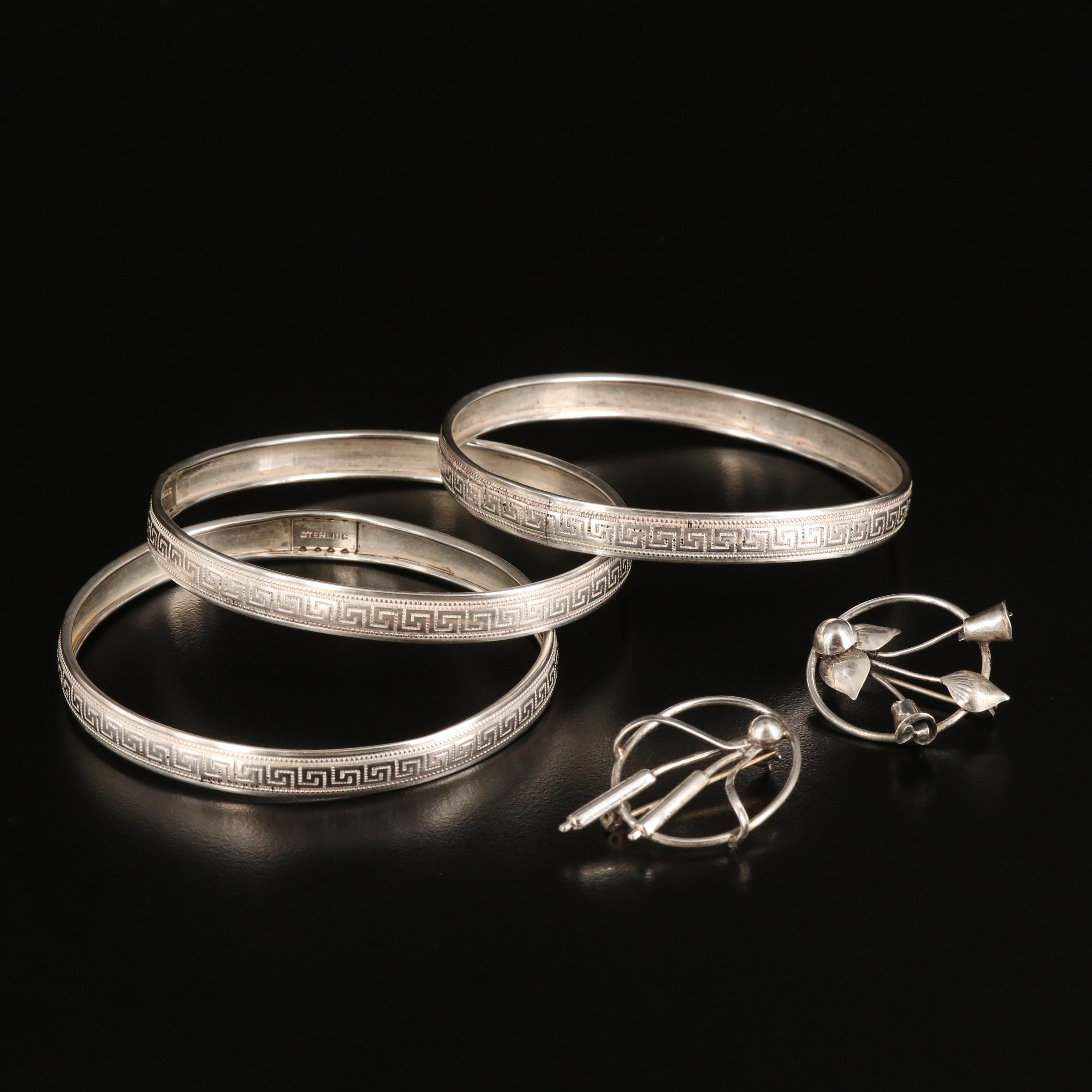 Sterling Greek Key Bangles and Floral Brooches