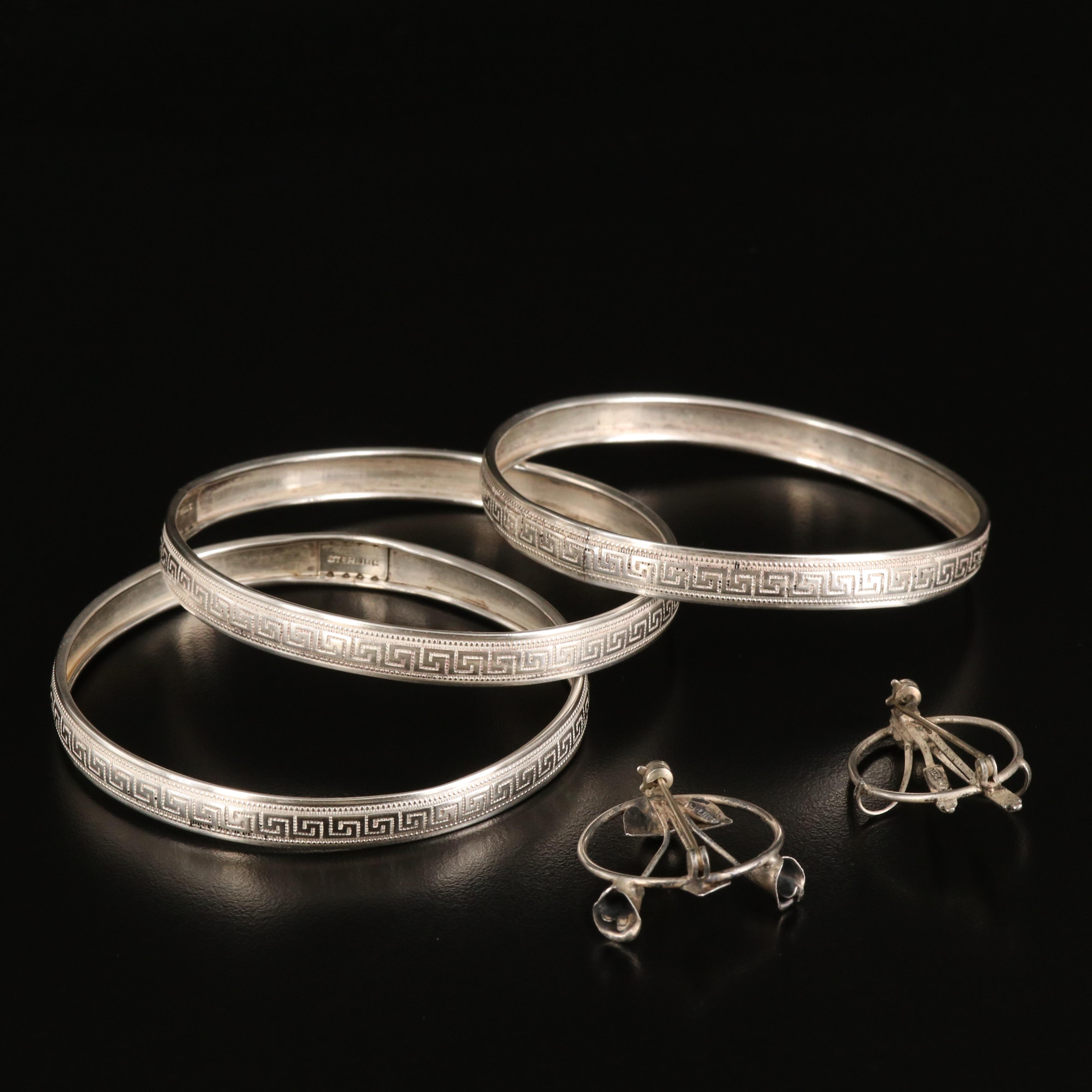 Sterling Greek Key Bangles and Floral Brooches