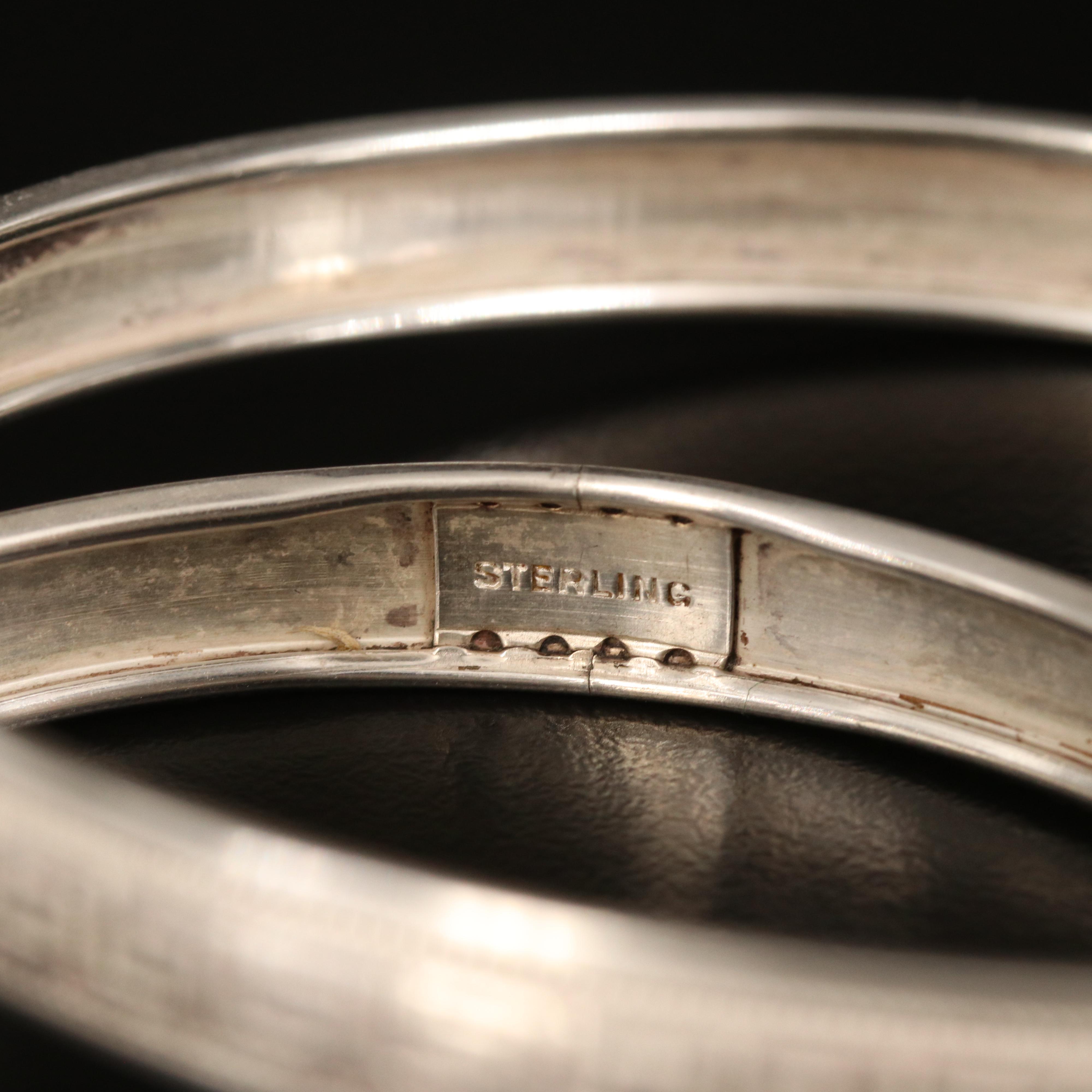 Sterling Greek Key Bangles and Floral Brooches