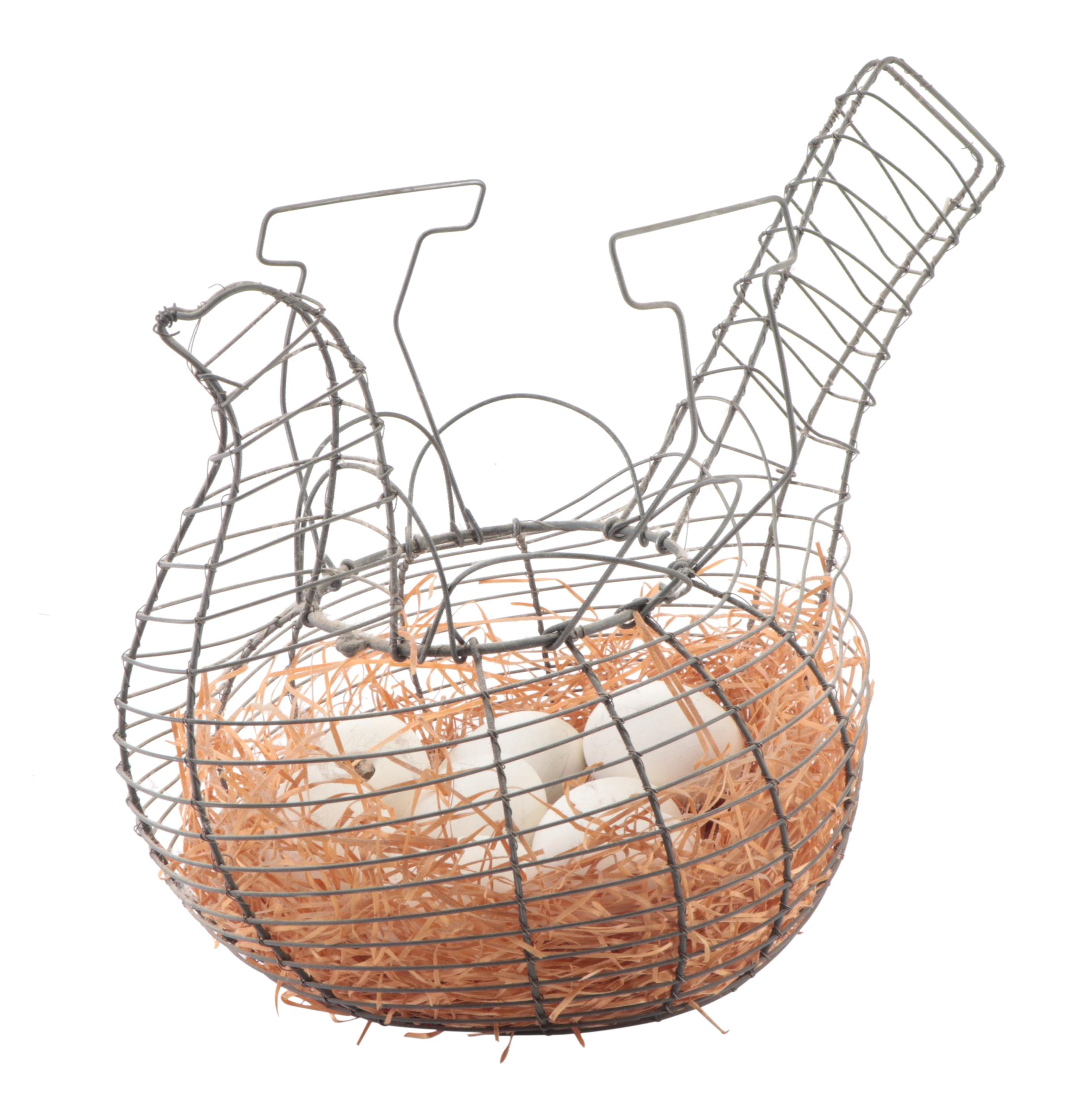 Metal Wire Chicken Form Basket and Ceramic Eggs