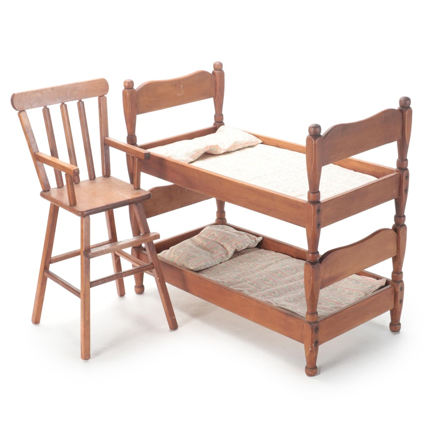 Wooden Doll Bunk Beds and High Chair, Mid-20th Century