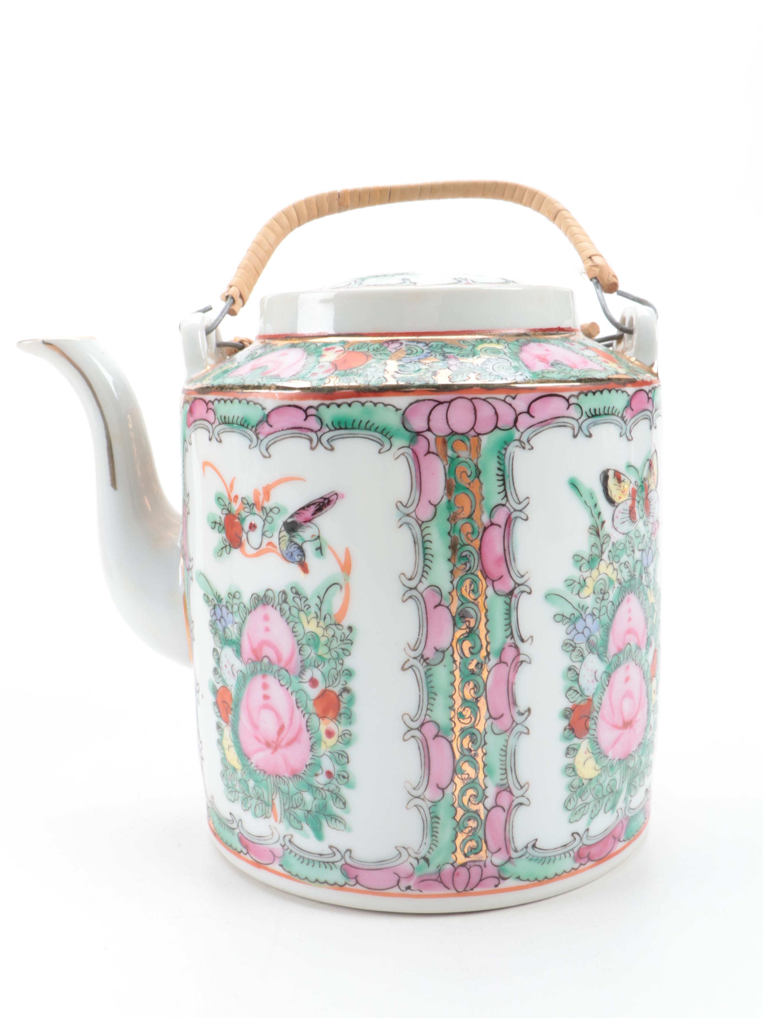 Chinese Export Style Porcelain Rose Canton Teapot in Basket